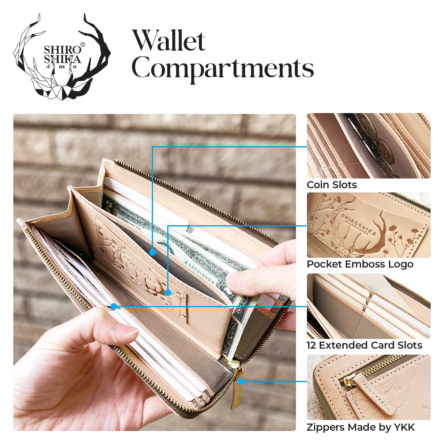 SHIROSHIKA SSA04 Genuine Tochigi Leather Women's Slim Bifold Wallet with L-Shaped Zipper - Elegant Floral Pattern in Pink & Beige | Made in Japan | Perfect for Everyday Use, Travel & Gift Giving