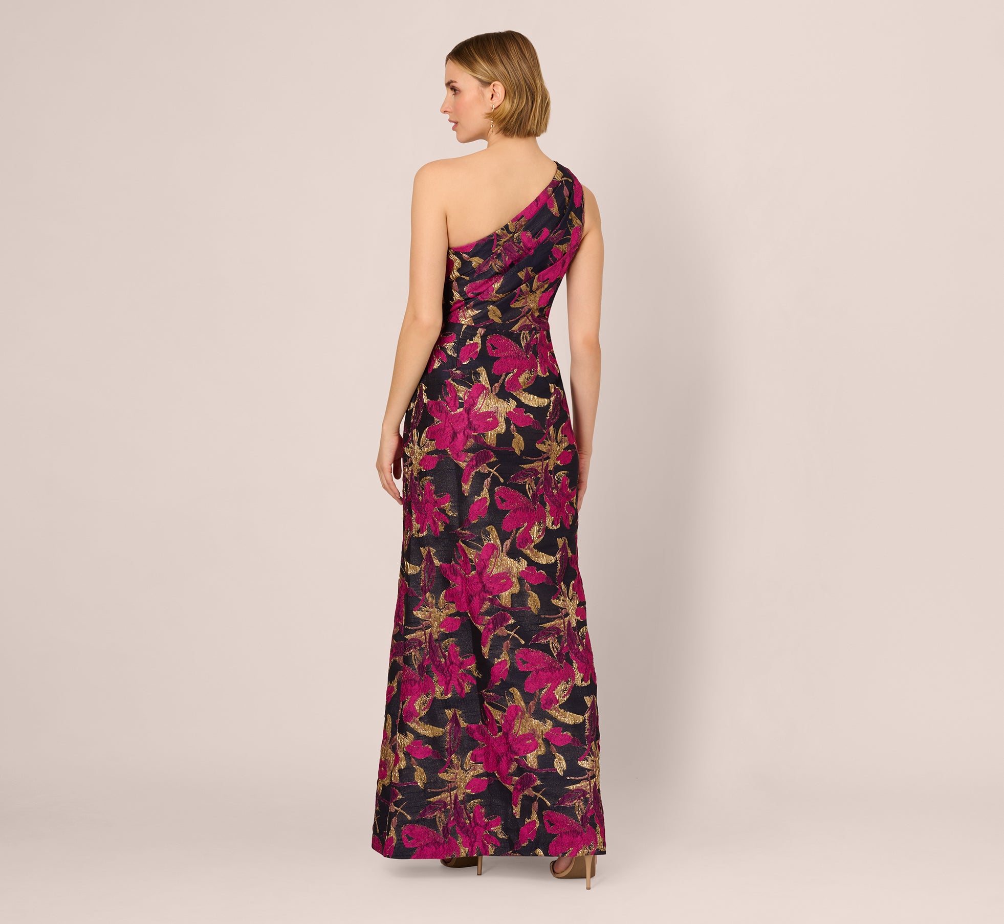 Elegant One Shoulder Jacquard Dress in Navy & Pink - Perfect for Cocktail Parties, Date Nights & Special Occasions