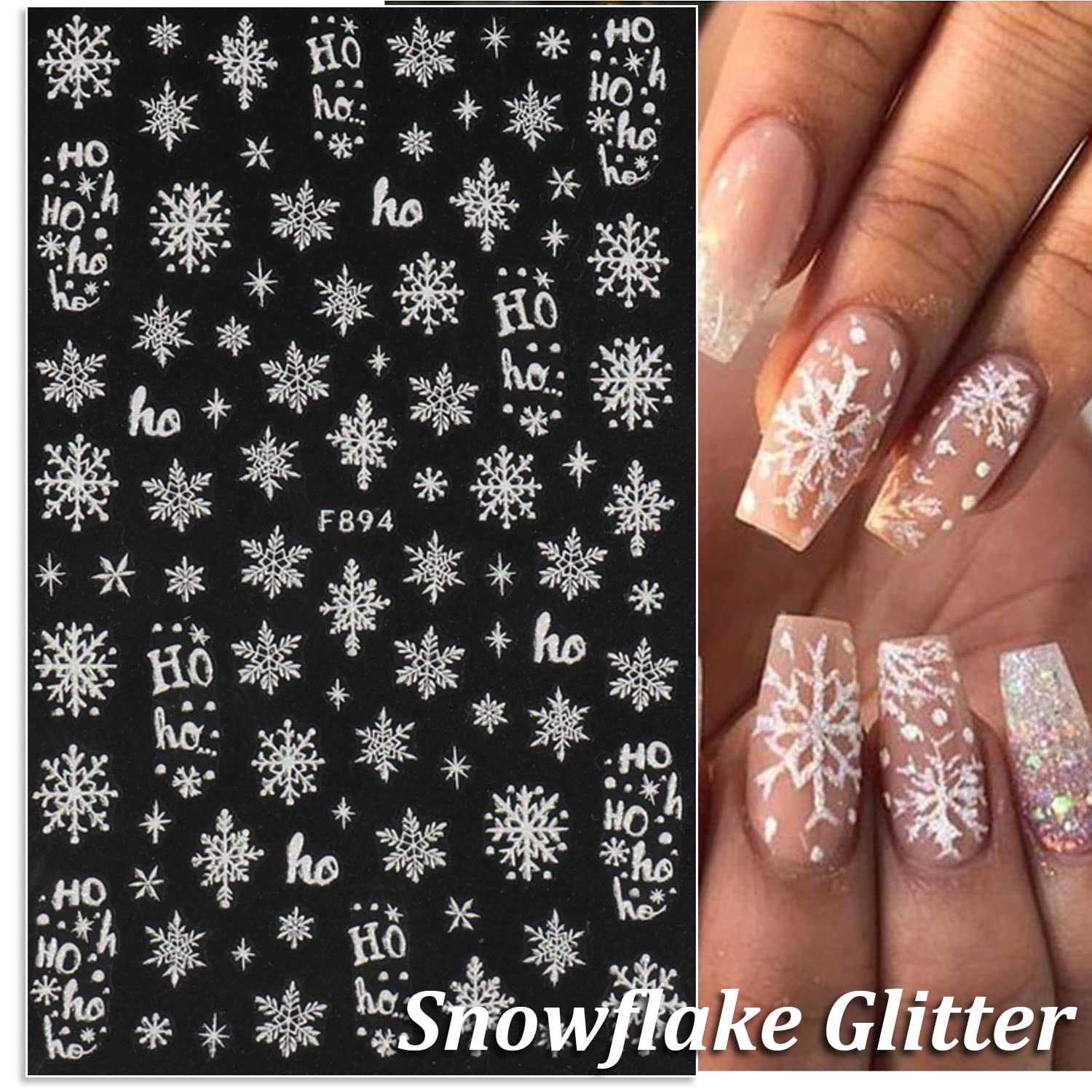 8 Sheets 3D Holographic Snowflake Nail Art Stickers - Self-Adhesive Christmas Nail Decals with Shiny Sugar Glitter for DIY Winter Nail Designs, Perfect for Holiday Parties and Festive Nail Art (White)