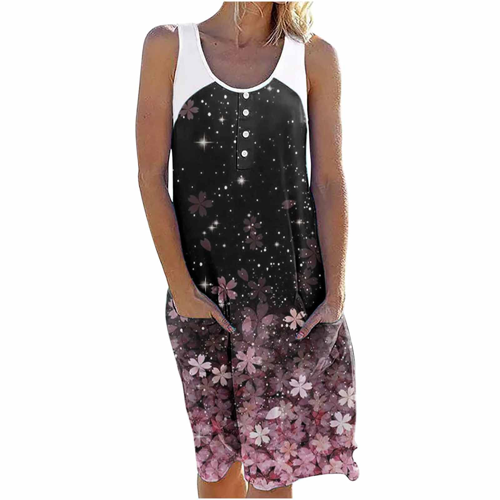 Women's Casual Summer Sleeveless Knee-Length Pleated Sun Dress with Pocket - Floral Print Beach Dress for Vacation, Party & Outdoor Activities