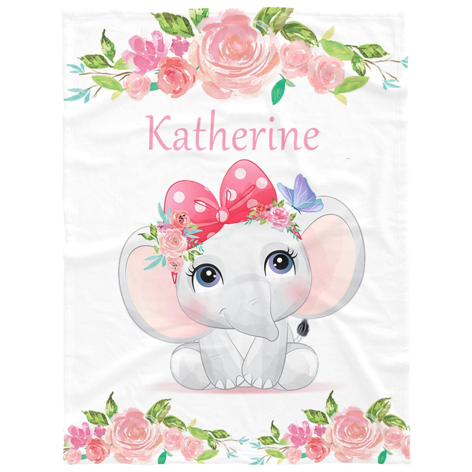 Personalized Baby Girl Receiving Blankets - Custom Name Embroidered Floral Elephant Design - 40x60 Inch Soft Swaddle Blanket - Perfect Baby Shower Gift for Newborn Girls, Nursery Essentials & Photo Props