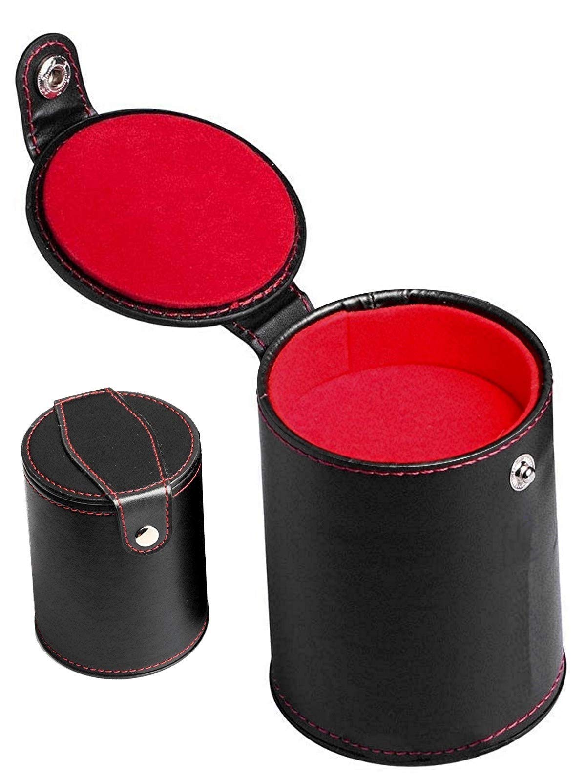 Premium Black PU Leather Dice Cup Set with Red Felt Lining - Includes 5 Transparent 16mm Dice in Smoke/Red Colors & Gift Box - Perfect for D&D, Board Games, Poker Nights and Casino-Themed Parties