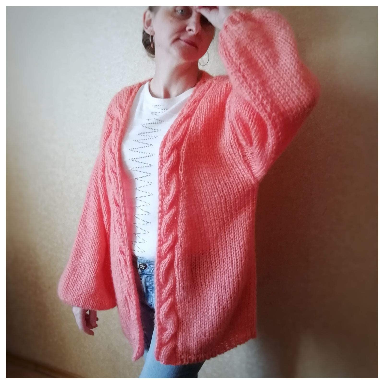 Handmade Mohair Peach Women's Cardigan - Oversized Open Knit Braid Sweater with Flashlight Sleeves | Warm Winter Fashion for Casual Outings & Cozy Home Wear
