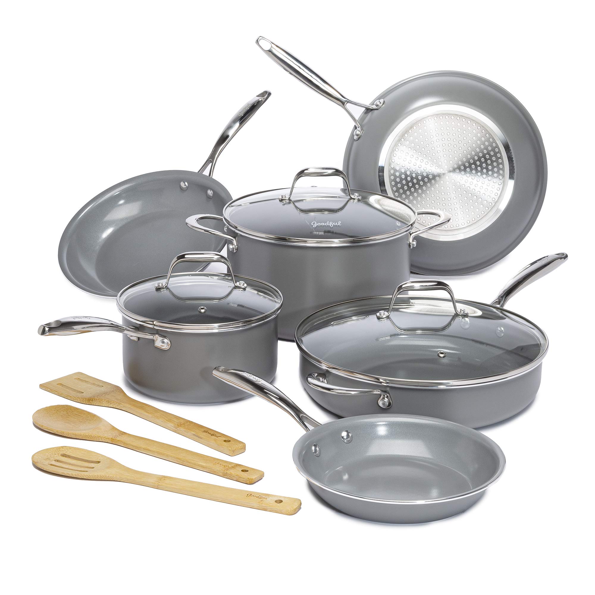 Premium Goodful 12-Piece Ceramic Nonstick Cookware Set - Titanium-Reinforced Coating, Dishwasher Safe Pots & Pans with Tempered Glass Lids & Stainless Steel Handles - Perfect for Frying, Boiling & Everyday Cooking - Gray