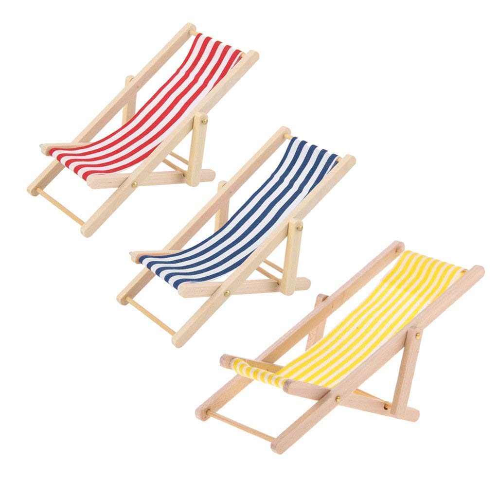3-Piece 1:12 Scale Miniature Foldable Wooden Beach Chairs - Red & Blue Striped Mini Deck Chairs for Dollhouse, Model Displays, Indoor & Outdoor Decor - Perfect for DIY Scenes, Photography Props, and Miniature Collectors