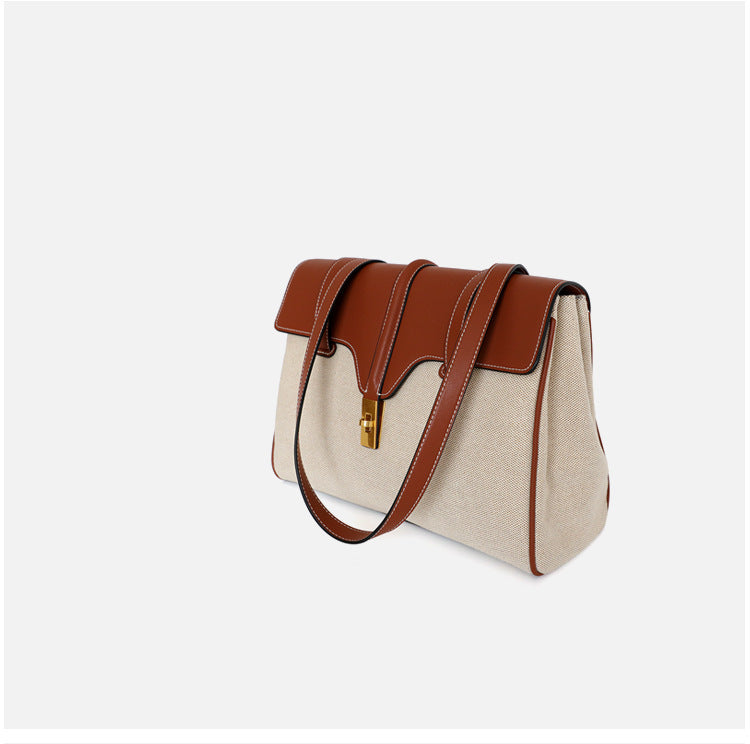 Genuine Leather Shoulder Bag with Canvas Lock Design - Stylish Tote Purse for Women | Perfect for Work, Travel & Everyday Use