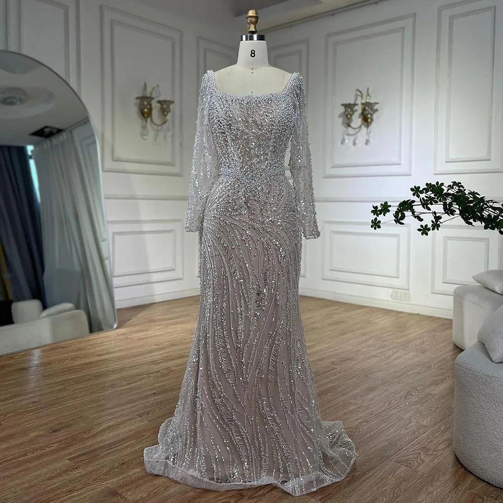 Elegant White Muslim Mermaid Evening Dress with Pearl Beading - Luxury Dubai Wedding & Party Gown for Women | Perfect for Formal Events, Bridal Showers & Special Occasions