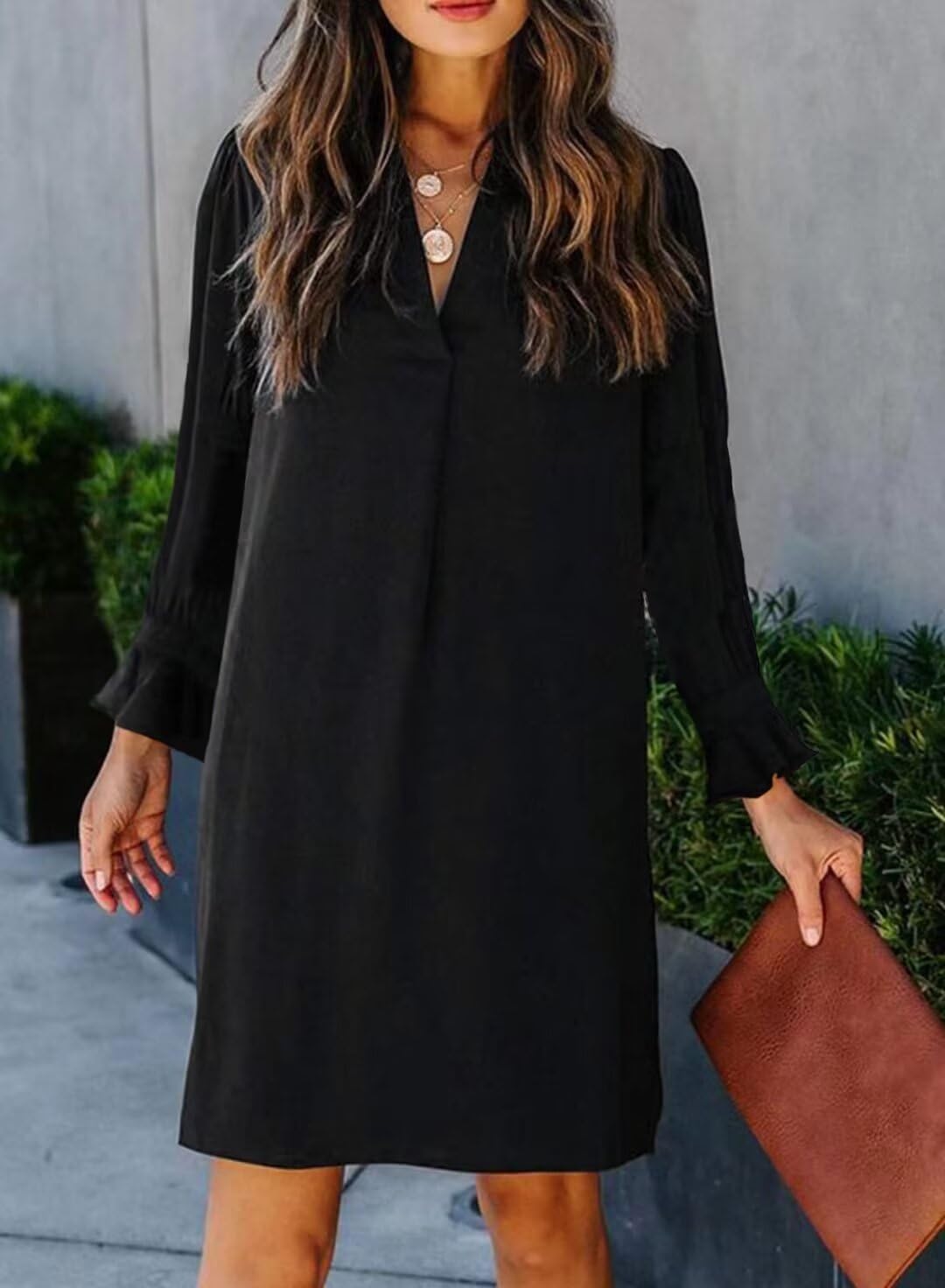 QACOHU Women's V-Neck Ruffle Long Sleeve Shift Dress - Casual Loose Flowy Dress for Spring Summer Autumn Winter 2025 | Perfect for Office, Date Night & Special Occasions