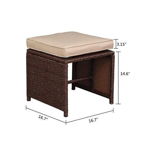 9-Piece Wood Grain Wicker Rattan Dining Ottoman Set with Glass Table - Durable Patio Furniture for Outdoor Entertaining, Garden Parties & Backyard Relaxation