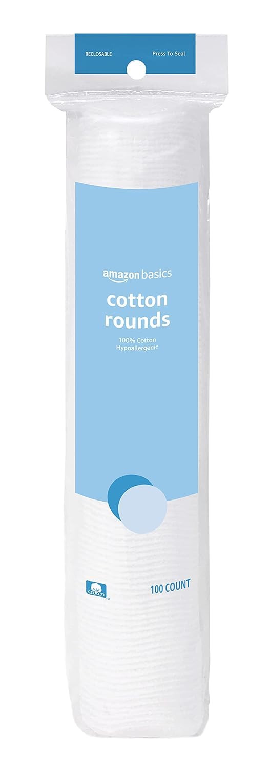 Amazon Basics Hypoallergenic 100% Cotton Rounds - 100 Count | Soft & Gentle Makeup Remover Pads | Perfect for Skincare, Nail Polish Removal & Baby Care