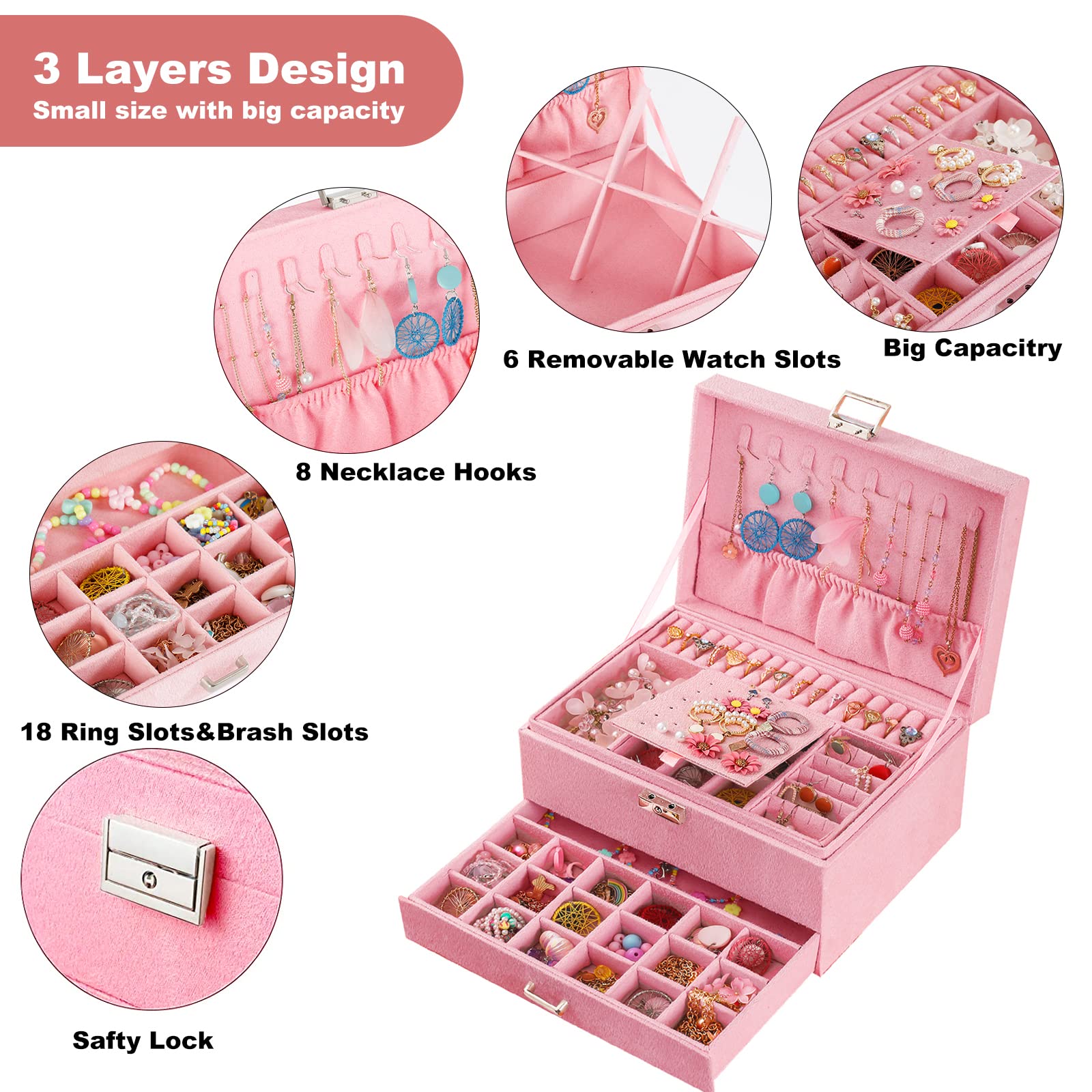 Pink Velvet Jewelry Box with Lock for Women - Elegant Jewelry Organizer for Necklaces, Earrings, Rings & Bracelets - Perfect for Travel, Gifts & Home Storage