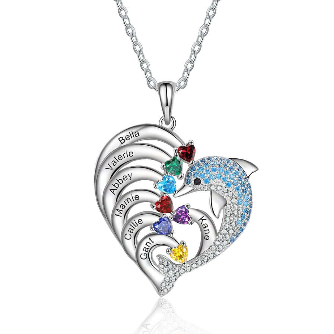 Personalized Dolphin Heart Birthstone Necklace - Custom Name & Birthstone Jewelry for Women | H0001 | Perfect Gift for Birthday, Anniversary & Mother's Day