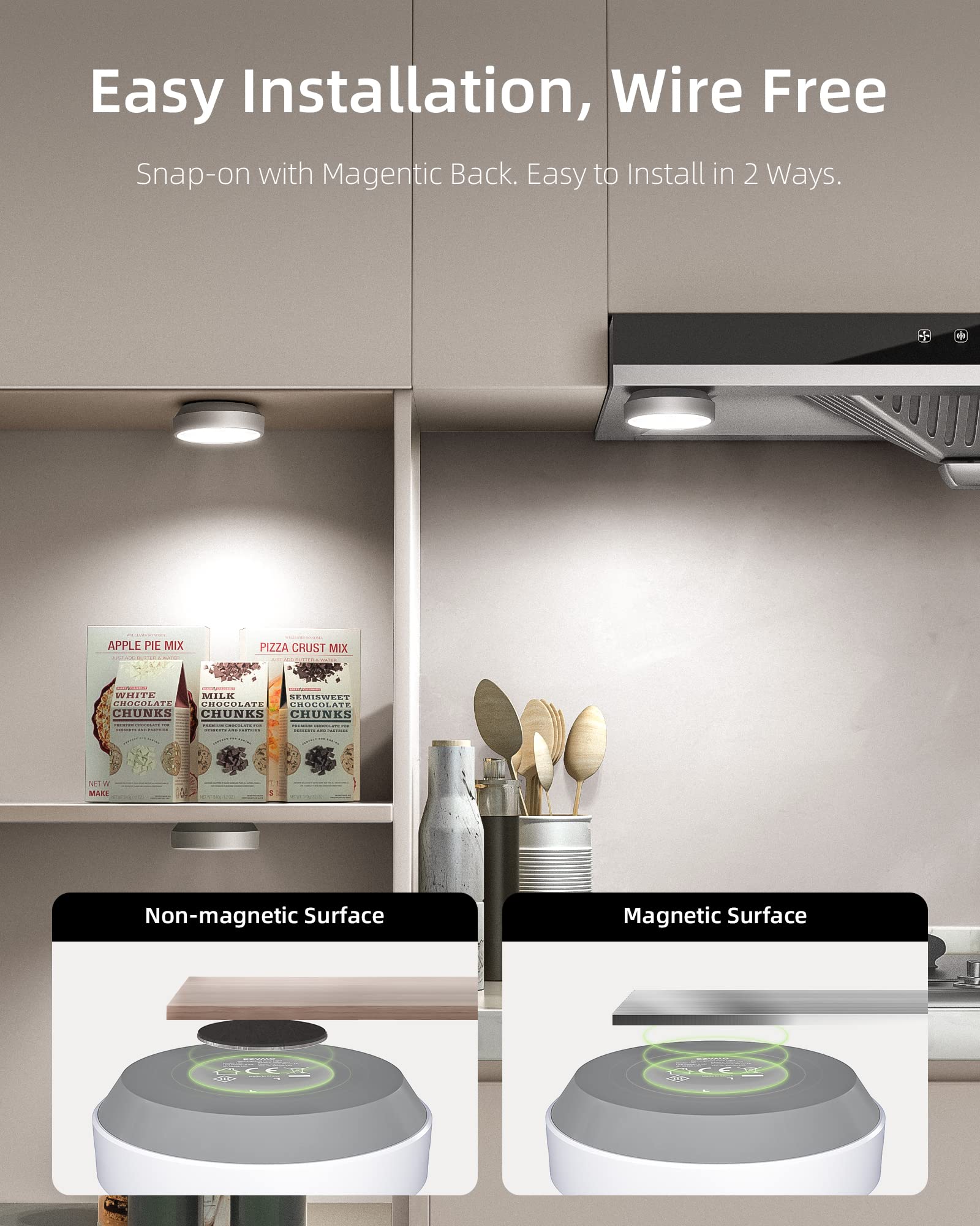 EZVALO Rechargeable Under Cabinet LED Lights - 6 Pack with Motion Sensor, 2 Color Temperatures & Group Control | Dimmable Puck Lights for Kitchen, Closet, Hallway & Counter Lighting | Perfect for Nighttime Navigation & Accent Lighting