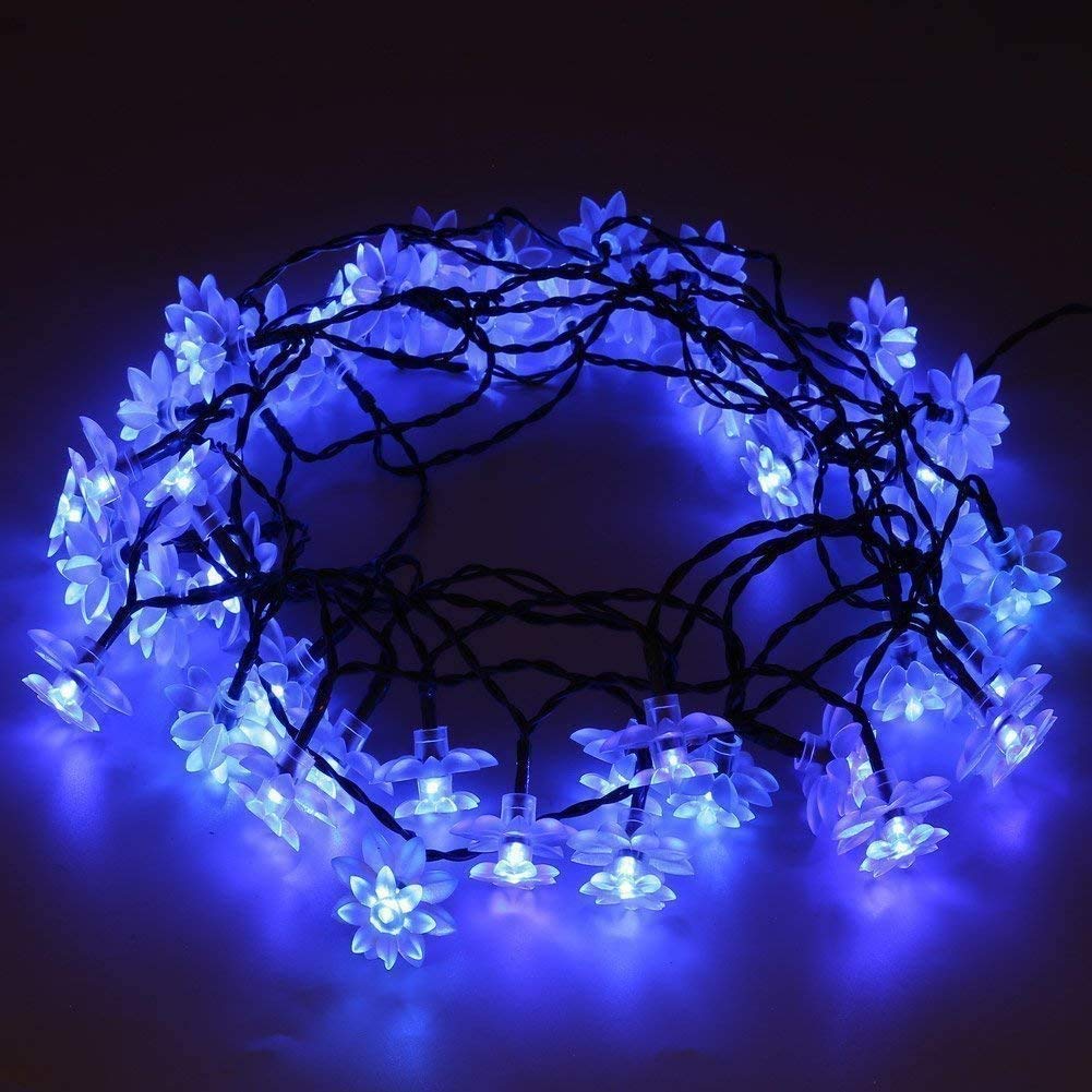 Solar Powered Outdoor String Lights - 50 LED Waterproof Lotus Flower Fairy Lights, 21ft for Garden, Patio, Wedding & Christmas Decor (Blue) | Perfect for Backyard, Party, Holiday & Home Decoration