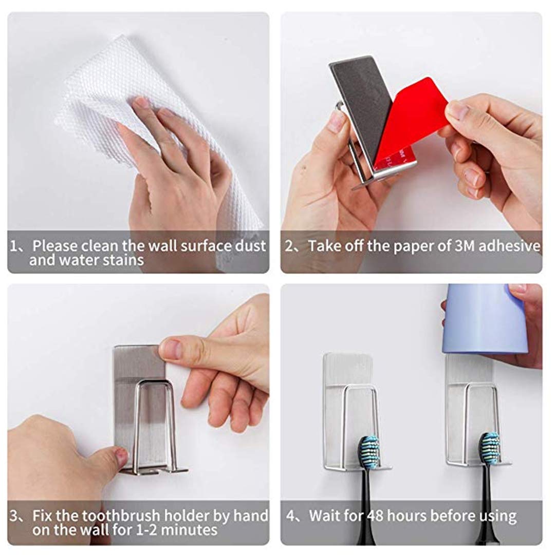 Stainless Steel Wall-Mounted Toothbrush Holder with Self-Adhesive - 4 Pack for Bathroom Organization | Space-Saving Toothbrush & Cup Storage Solution for Home, Apartment, Dorm