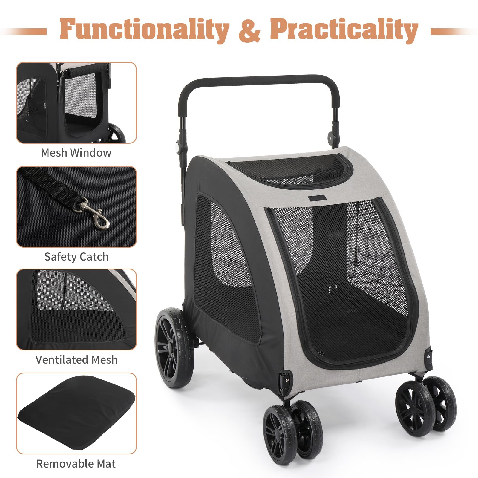 Outvita 4-Wheel Folding Pet Stroller for Large Dogs & Cats - Heavy Duty Travel Wagon Holds Up to 100LBS - Adjustable Handle & Smooth Ride - Perfect for Jogging, Shopping & Outdoor Adventures