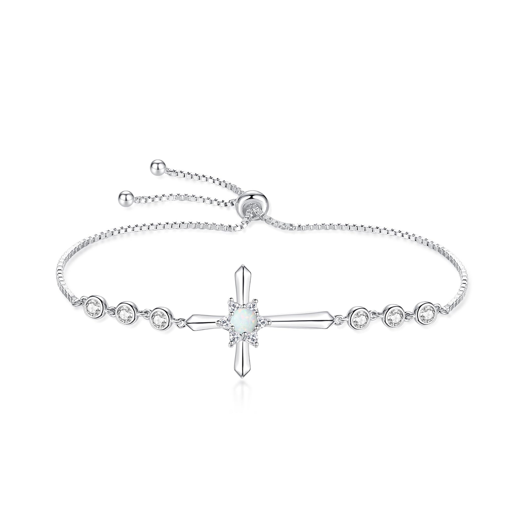 FANCIME 925 Sterling Silver Halo Birthstone Bracelet for Women - Elegant Cross Charm Bracelet, Fine Jewelry Birthday Gift for Her - Perfect for Everyday Wear, Special Occasions & Gifts