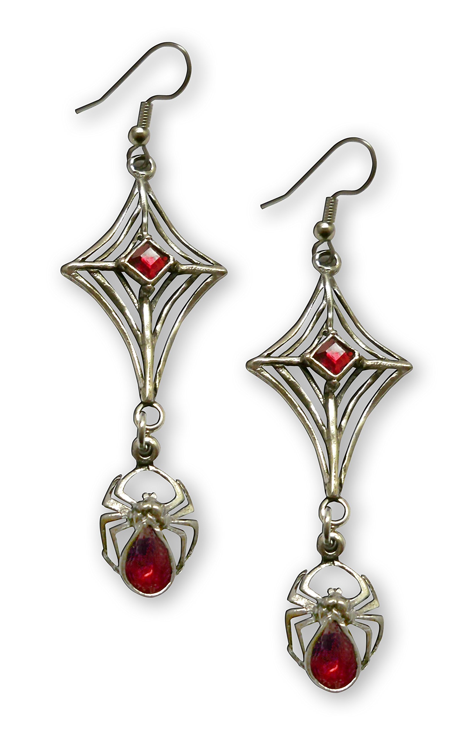 Gothic Spider Web Dangle Earrings with Hanging Spider & Red Gemstones - Perfect for Halloween Costumes, Gothic Fashion, and Dark Aesthetic Jewelry Lovers