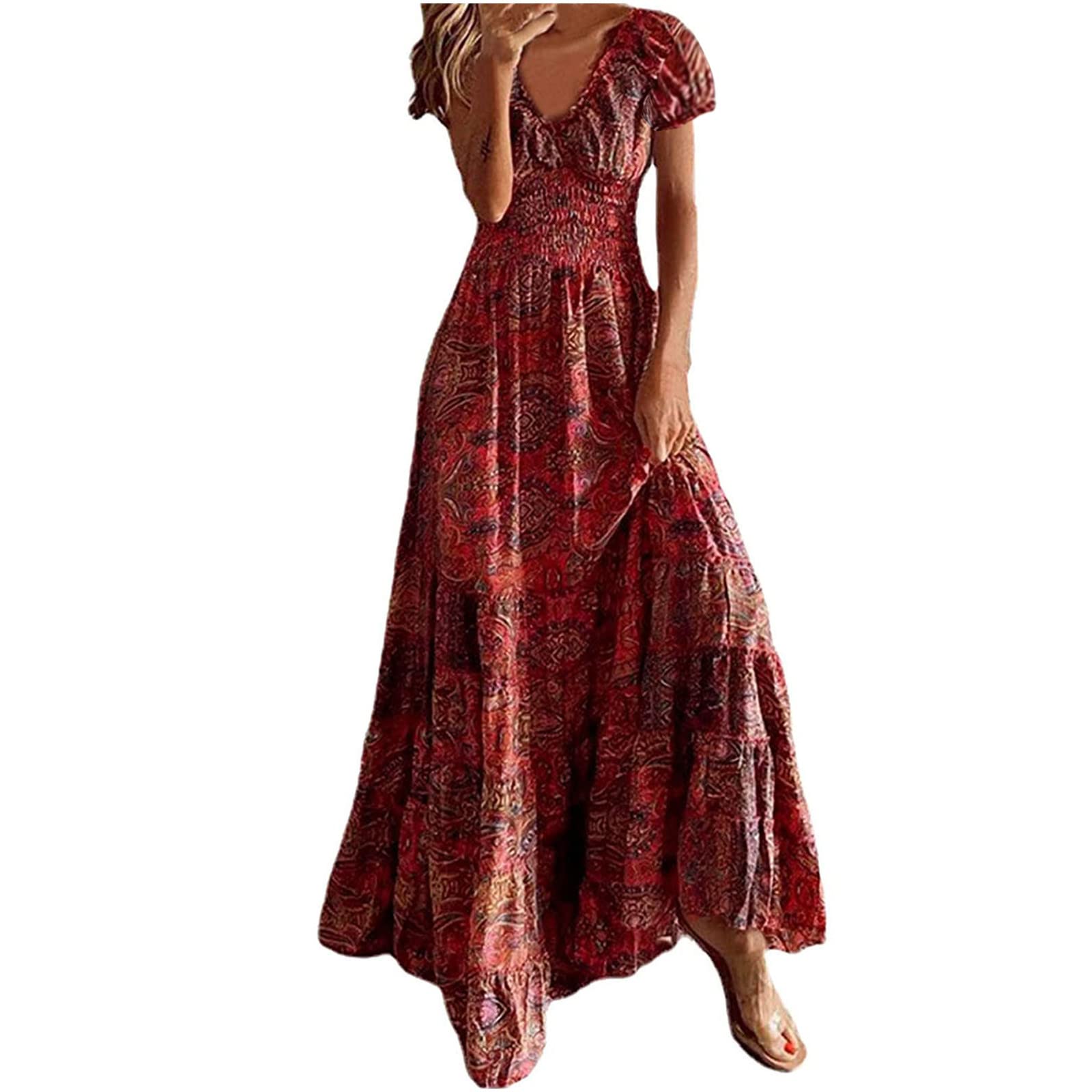 Women's Chiffon Summer Dress - Casual Floral Print V-Neck Short Sleeve Long Maxi Dress | Perfect for Beach Vacation, Garden Party & Summer Date Outfits