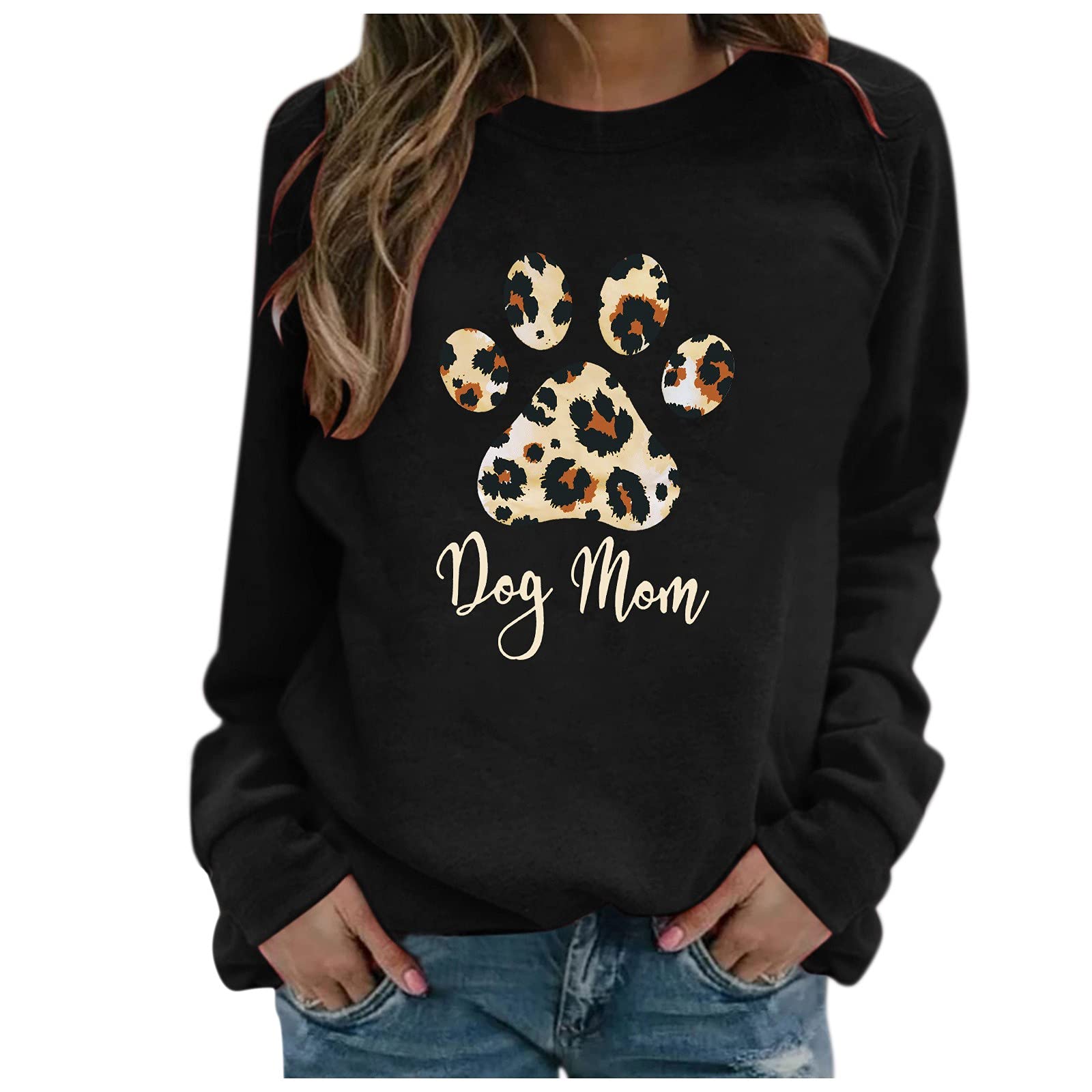 Women's Plus Size Dog Mom Print Sweatshirt - Long Sleeve Round Neck Pullover for Casual Wear | Cozy Autumn Outfit for Dog Lovers & Pet Owners