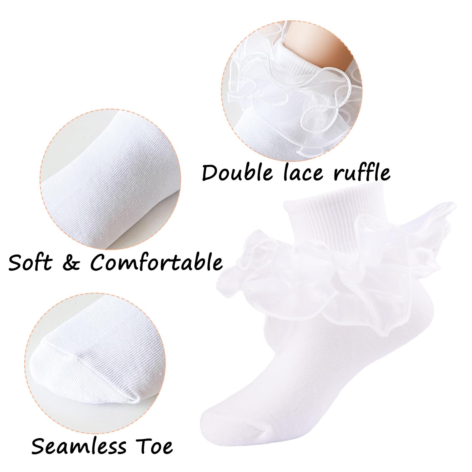 Girls Ruffle Socks - Shiny Double Big Lace Toddler Socks (2-3 Pairs) | Frilly Dress & Pageant Turn Cuff Socks for Special Occasions & Photo Shoots