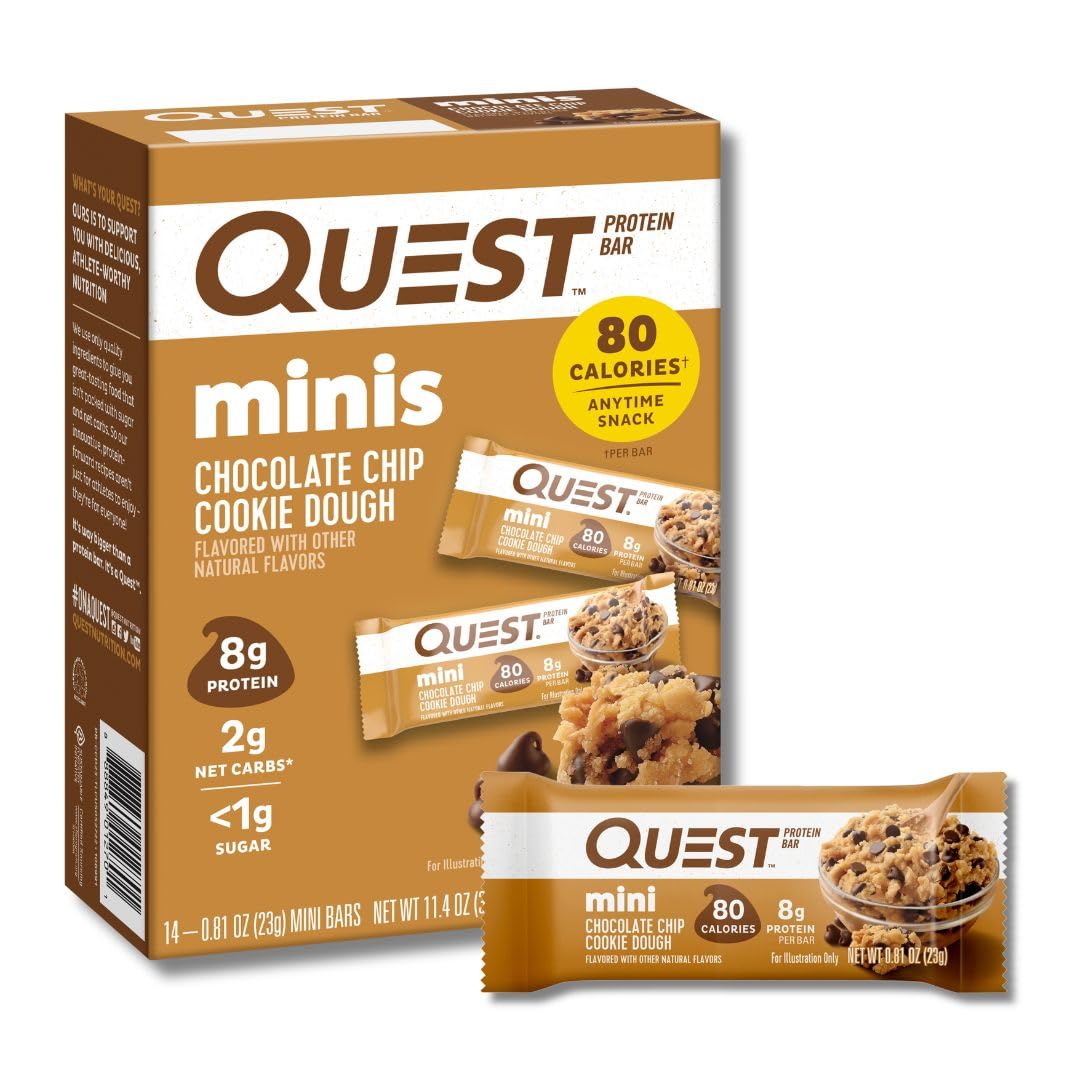 Quest Nutrition Mini Chocolate Chip Cookie Dough Protein Bars - 8g Protein, 1g Sugar, 2g Net Carbs, Gluten Free, Keto Friendly, 14 Count - Perfect for Post-Workout Recovery & Healthy Snacking