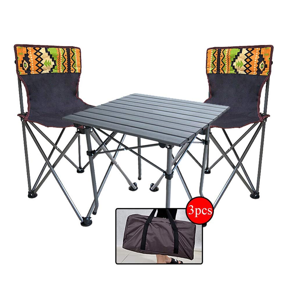 ZFF 3-Piece Folding Camping Table and Chairs Set - Lightweight Aluminum Roll-Up Portable Table for Outdoor Picnics, Beach BBQ, Hiking & Travel - Perfect for Backyard, Camping & Tailgating Parties