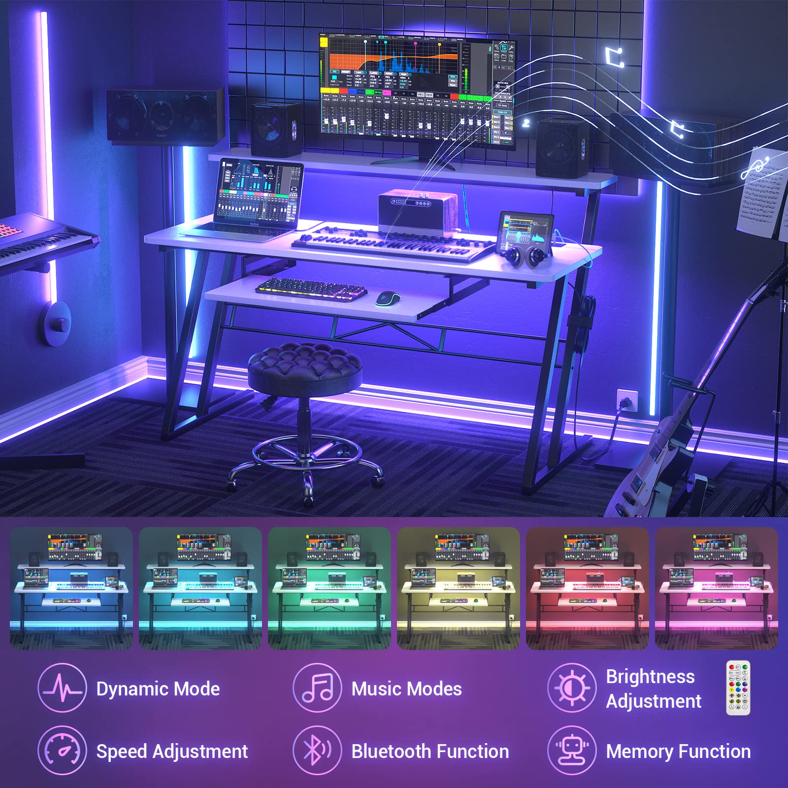 Armocity Music Studio Desk with Power Outlets & RGB LED Lights - Professional Recording Studio Workstation for Music Producers, DJs & Home Studios - Matte White Finish for Modern Music Production Setup