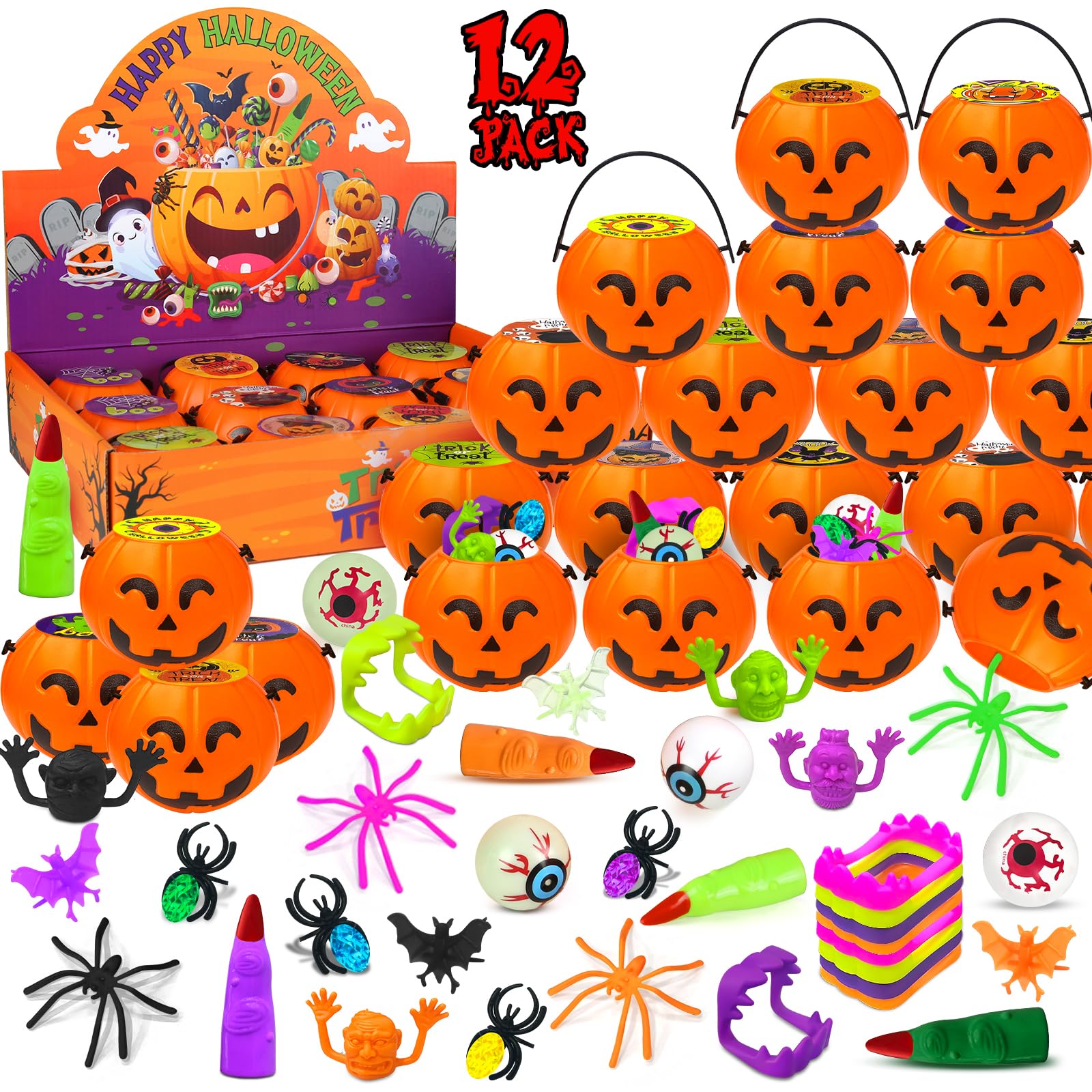 12 Pack Halloween Pumpkin Buckets Prefilled with Toys - Bulk Halloween Party Favors for Kids, Trick or Treat Supplies - Perfect for Classroom Treats, Neighborhood Trick-or-Treating & Halloween Parties