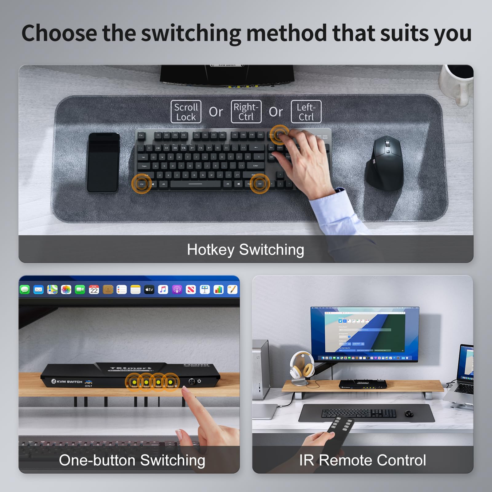 TESmart USB 3.0 HDMI KVM Switch 4 Port - 4K@60Hz 1 Monitor for 4 Computers | Supports Headset, Audio & Microphone | EDID Emulator, Hotkey & Remote Switch | Perfect for Home Office, Gaming & Multi-Device Workstations