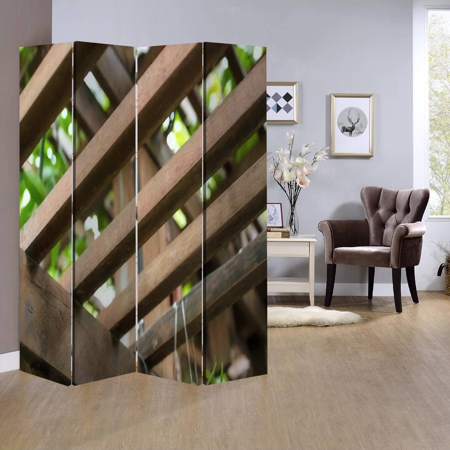 Brown Wood Screen Room Divider - 4 Panel Folding Privacy Partition with Spaced Lath Roof for Hanging Plants | Indoor Wall Divider & Display Shelves for Home, Office, and Studio Decor