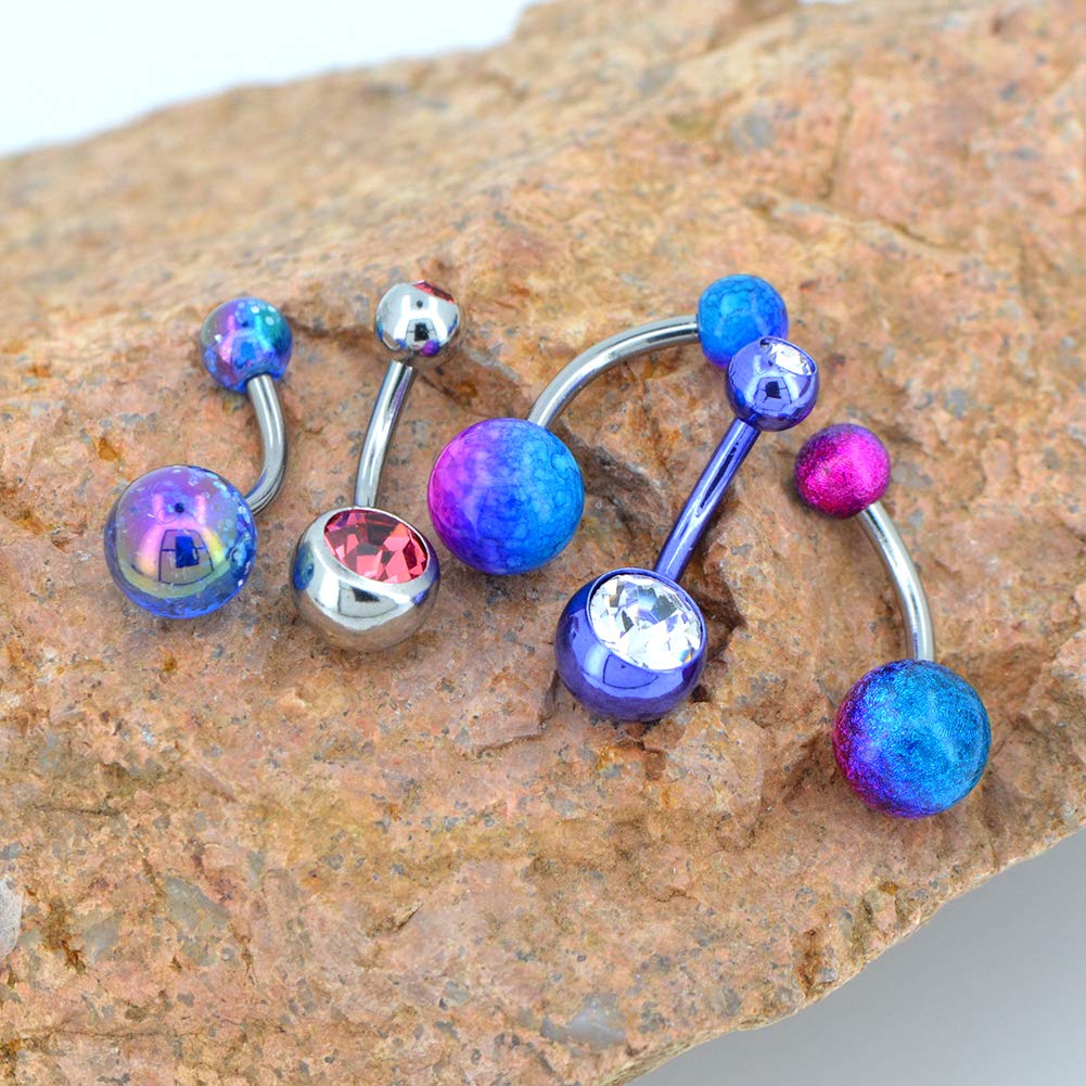 OUFER 14G Stainless Steel Belly Button Rings - Blue Purple Glitter Jewelry for Navel Piercing