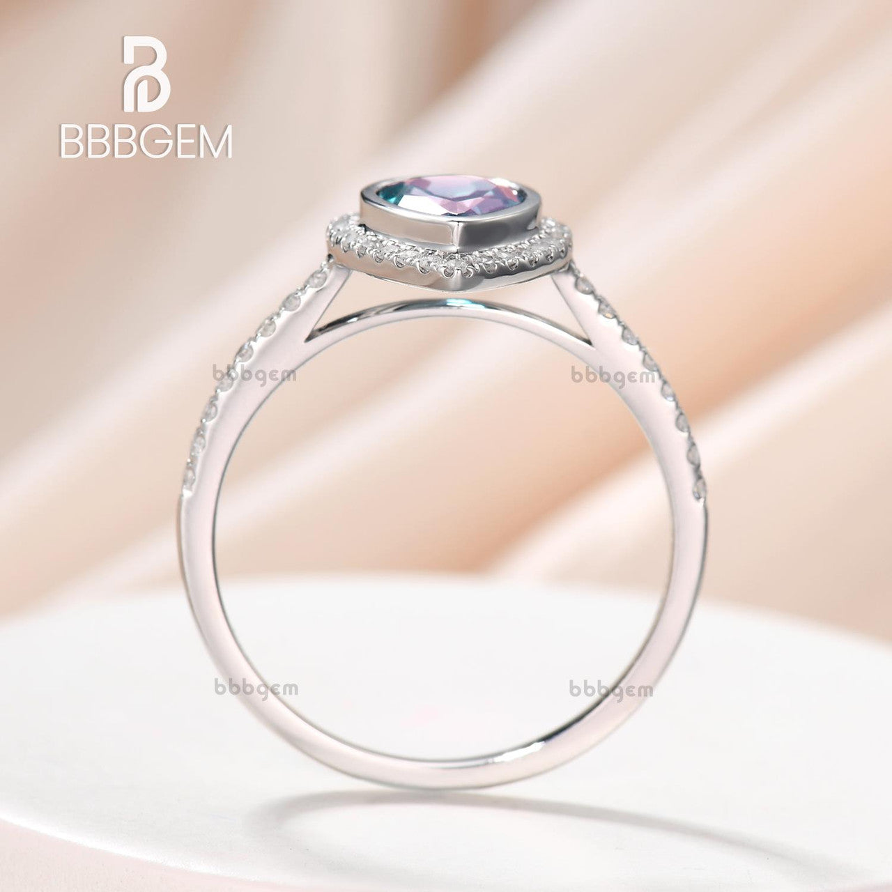 8x6mm Pear Alexandrite Bezel Ring with Halo Setting in 14K/18K White Gold | June Birthstone Jewelry | Elegant Engagement, Anniversary & Special Occasion Gift for Women