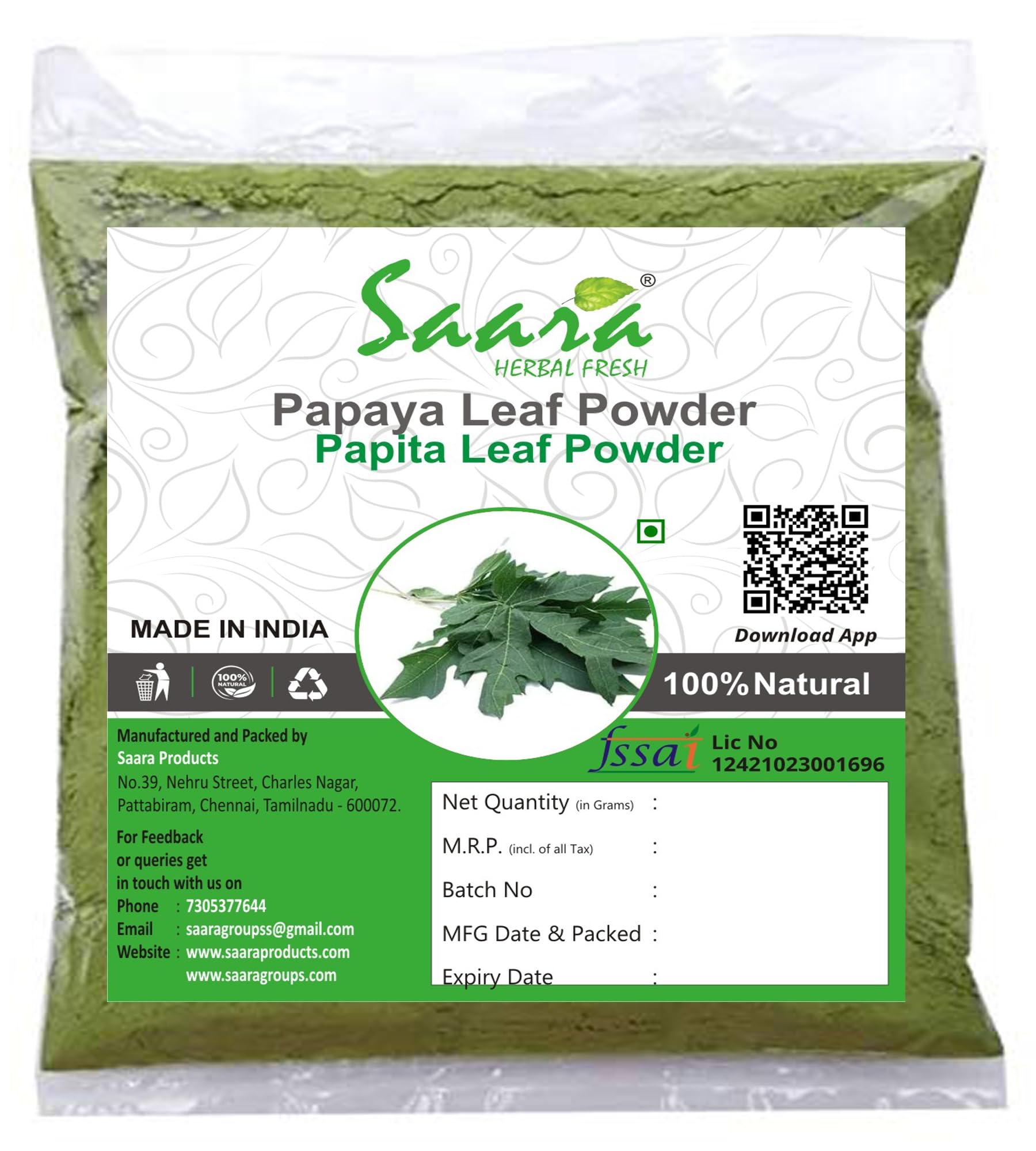 Organic Papaya Leaf Powder 200g (2 x 100g Packs) - Herbal Fresh Carica Papaya Leaf Supplement for Digestive Health, Skin Care & Immunity Boost - Perfect for Smoothies, Teas & Natural Remedies