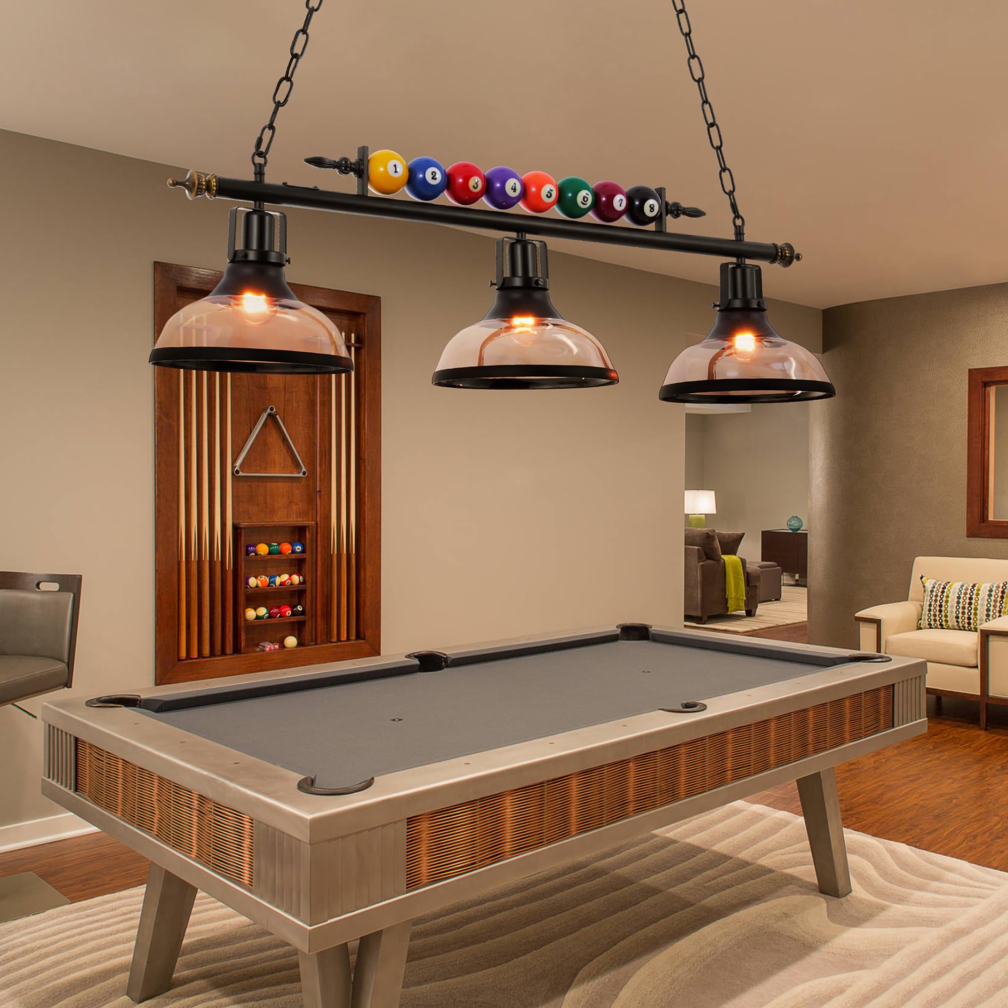 Modern Hanging Pool Table Light Fixture with 3 Glass Shades - Billiard Pendant Lamp Featuring Unique Billiard Ball Design - Perfect for Game Rooms, Basements, and Man Caves