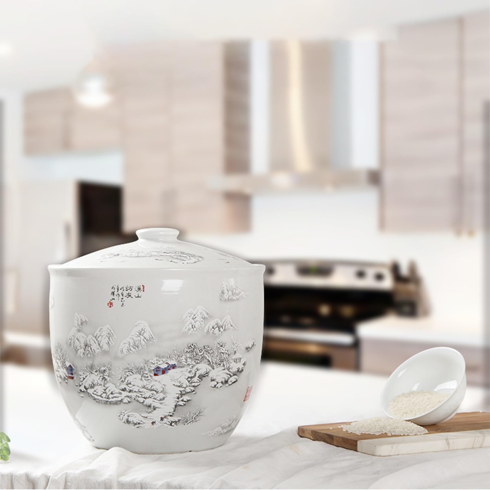 Premium Ceramic Rice Storage Jar with Lid - Airtight Food Container for Rice, Grains & Spices - Elegant Chinese Style Decorative Kitchen Canister - Perfect for Pantry Organization & Countertop Display