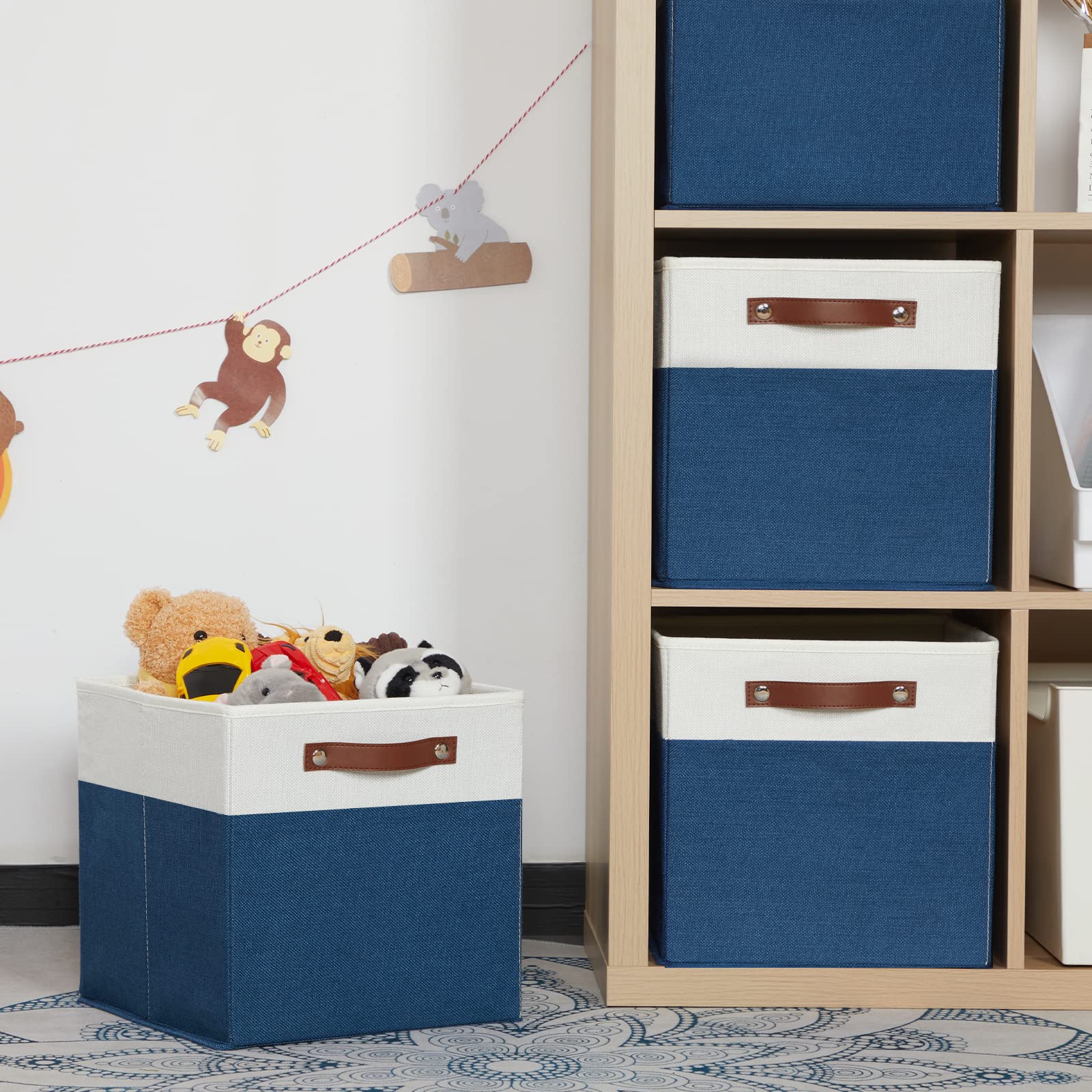 HNZIGE 12x12 Inch Fabric Storage Cubes with Handles, Set of 4 - Decorative Cube Organizer Bins for Home, Nursery, Closet & Toy Storage | Space-Saving Blue & White Square Baskets for Shelves, Cabinets & Underbed Organization