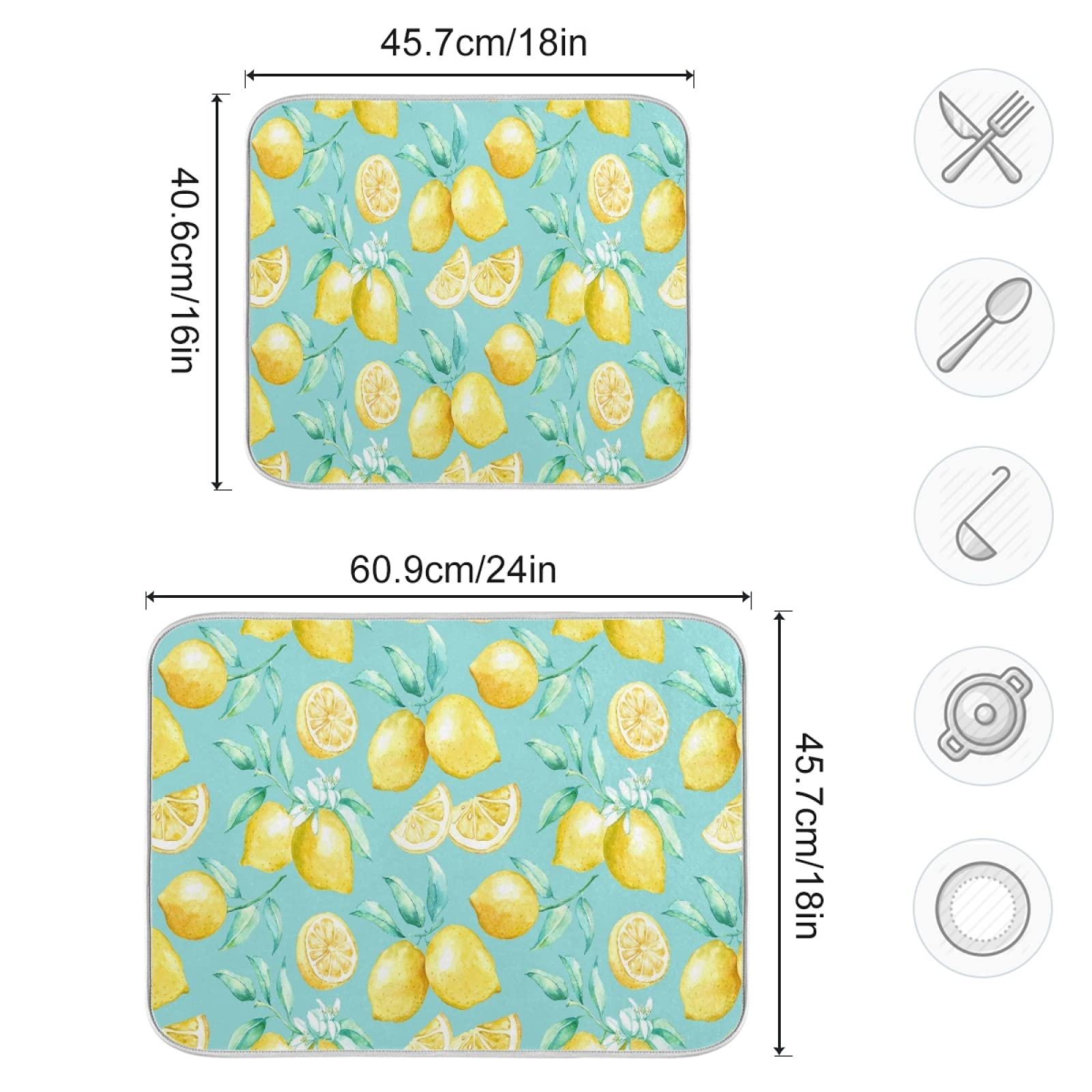 Absorbent Reversible Microfiber Dish Drying Mat - 18x24 Inch Kitchen Counter Protector with Lemon Fruit Design | Perfect for Drying Dishes, Protecting Countertops & Adding Summer Decor to Your Kitchen