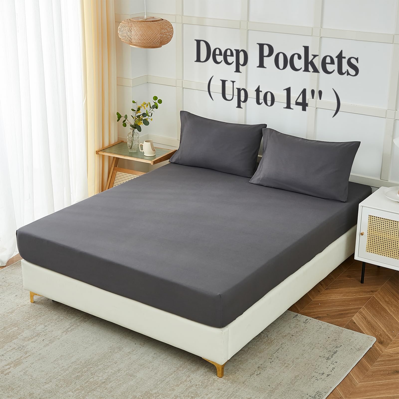 ILAVANDE 4-Piece King Size Sheet Set - 1800 Series Microfiber Bed Sheets in Grey | Ultra Soft, Wrinkle-Free & Breathable | 14