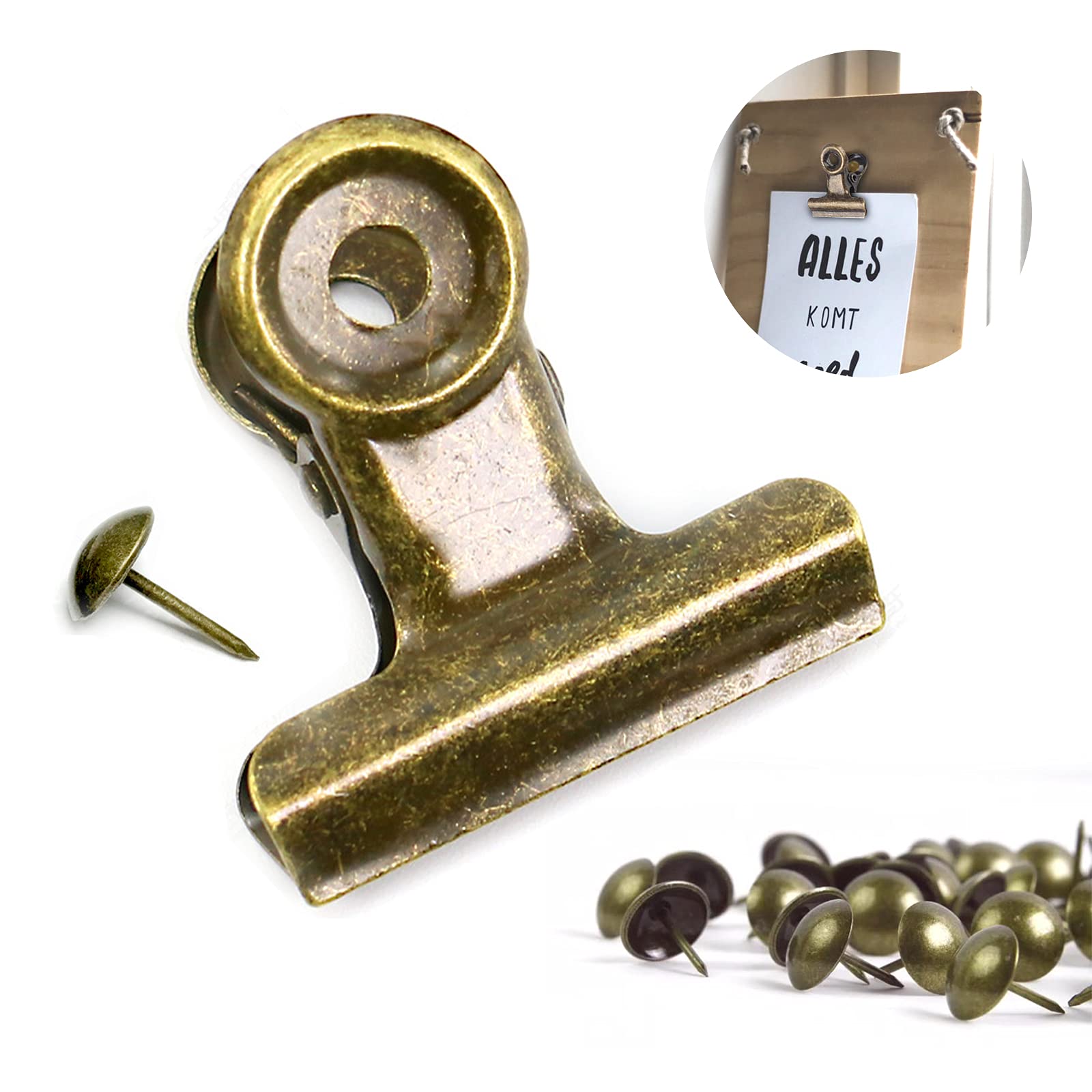 32 Pack 1 Inch Bronze Metal Clips with Push Pins - Bulldog Clips for Hanging Pictures, Small Hinge Clips for Photos & Crafts, Mini Binder Clips for Office, School & Home Organization - Perfect for Corkboards, Bulletin Boards, Scrapbooking & Wall Decor