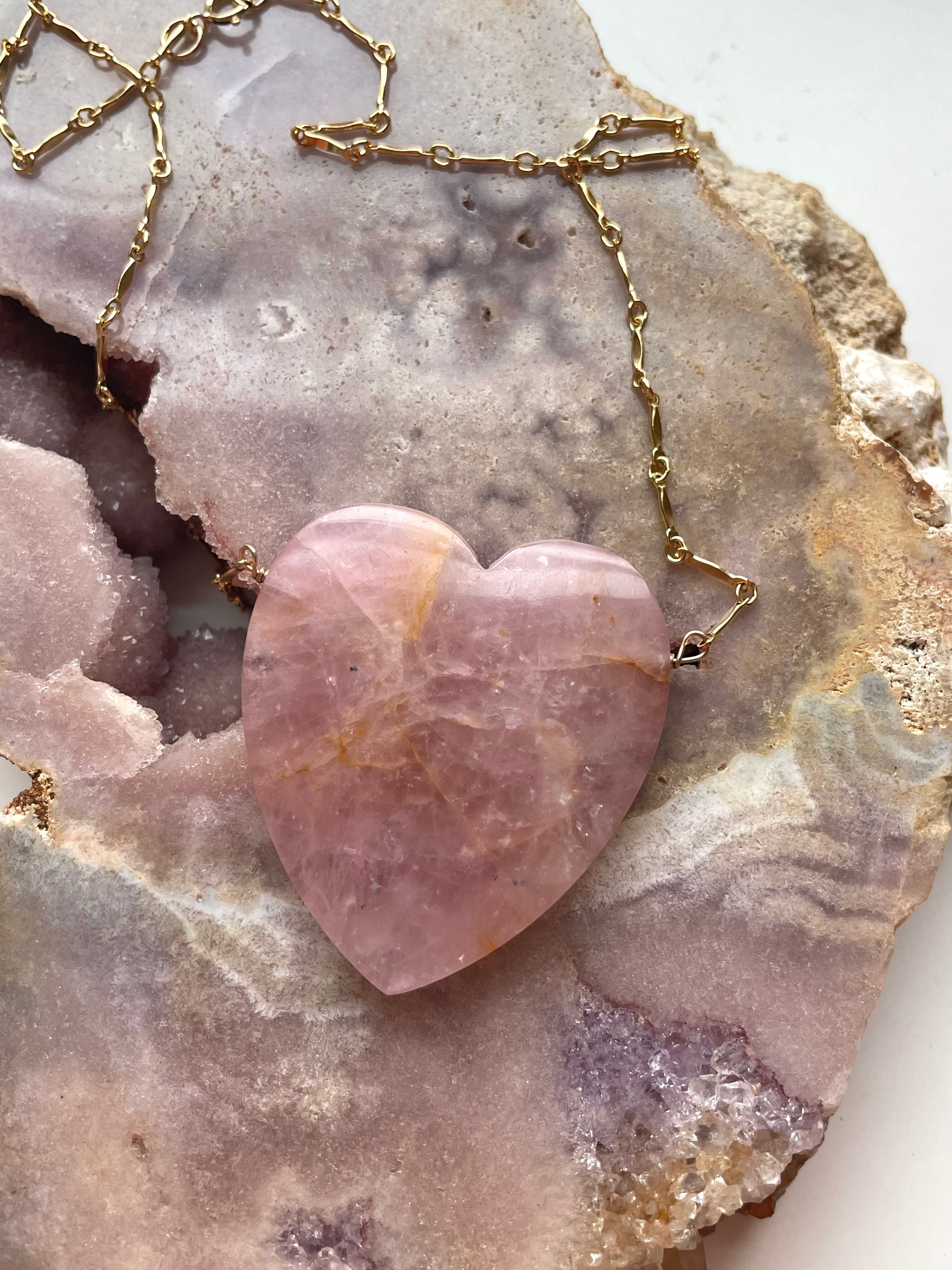 Large Rose Quartz Heart Pendant Statement Necklace - 14K Gold Filled Crystal Jewelry for Women, Gift for Her, Valentine's Day, Anniversary & Special Occasions