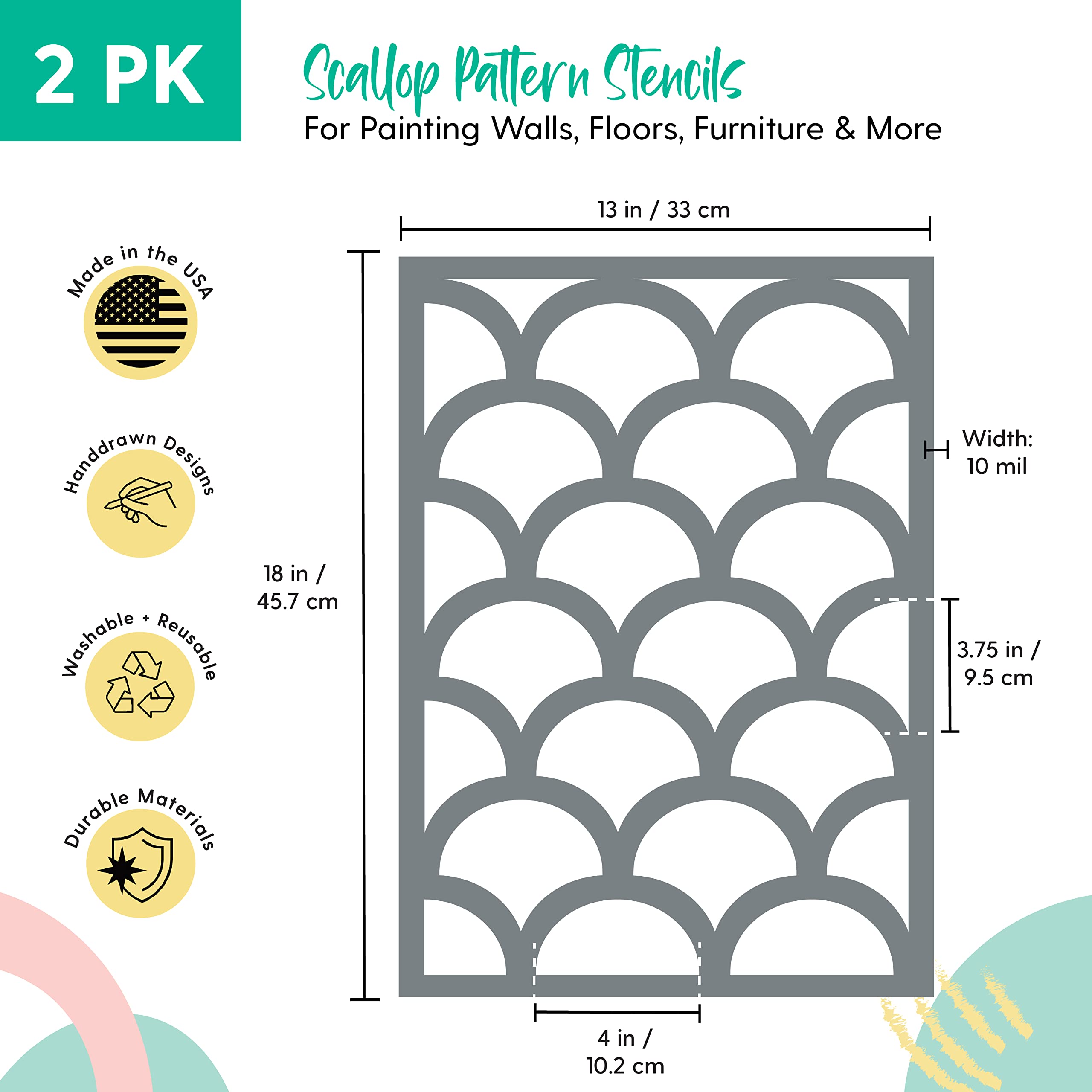 Premium Large Scallop Stencil Set - 2 Pack Mermaid Scale Stencils for Wall, Floor & Furniture Painting - Fish Scale Wall Stencil (13