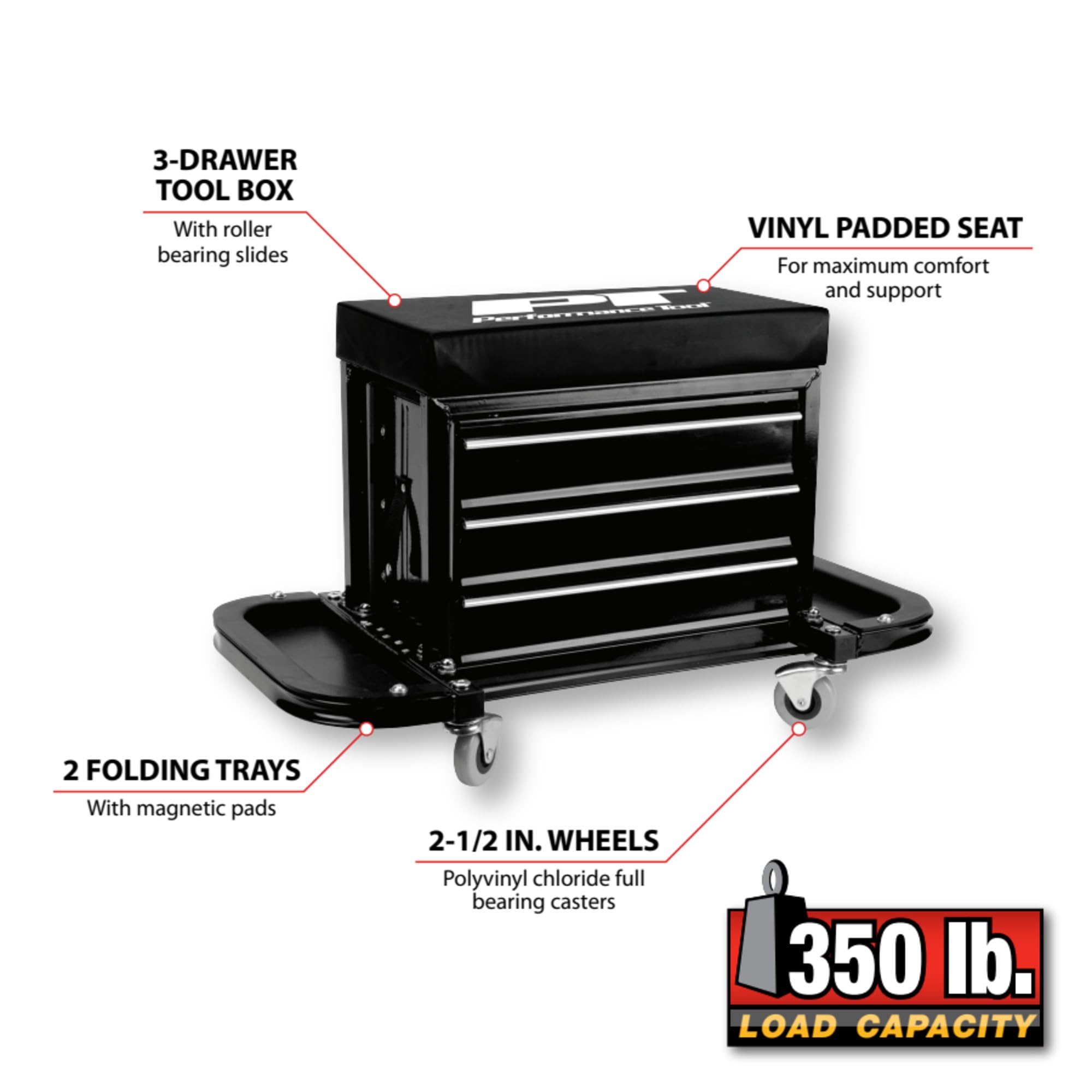 Performance Tool W85025 3-Drawer Rolling Tool Chest Seat with Magnetic Side Trays - Heavy Duty Black Tool Storage for Garage, Workshop & Auto Repair | Mobile Workbench with Organizer & Seat
