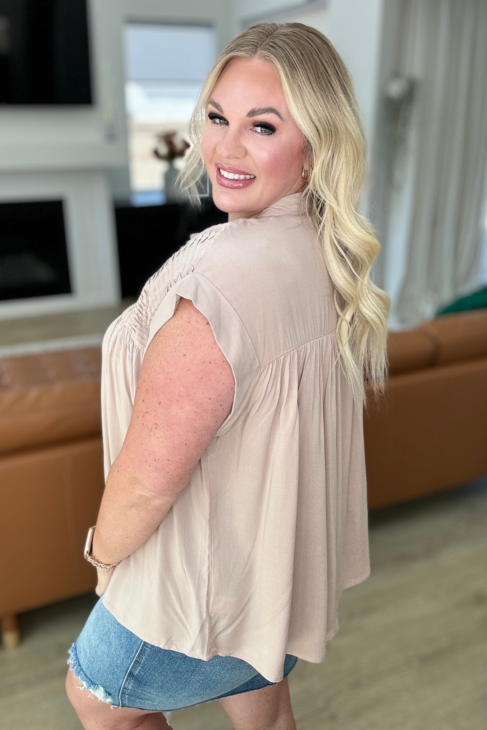 Elegant Pleat Detail Button Up Blouse in Taupe - Perfect for Office Wear & Casual Outfits