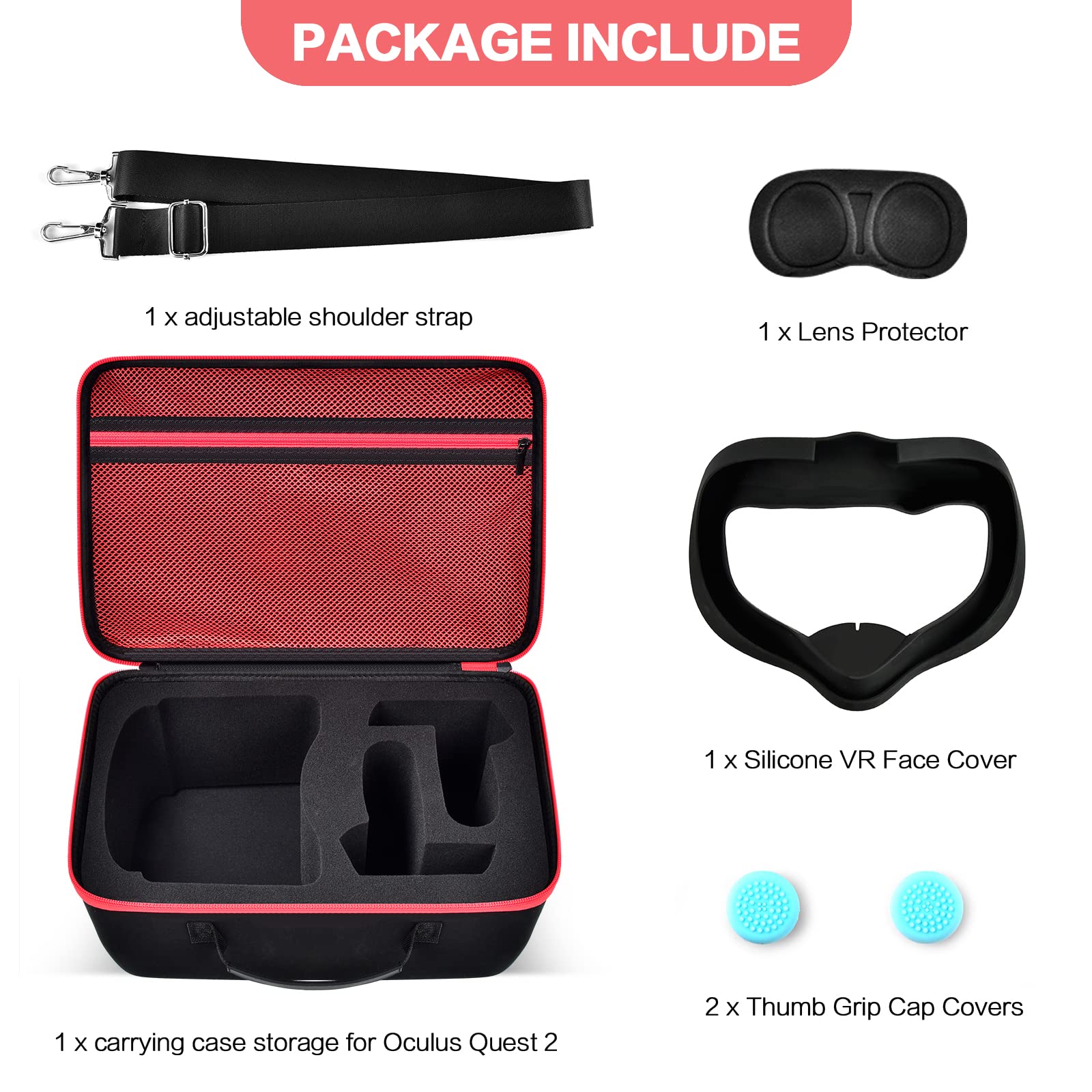 Meta Quest 3/3S & Oculus Quest 2 VR Headset Travel Case - Protective Hard Shell Storage Bag with Silicone Face Cover, Lens Protector & Accessories (Red Zipper) - Perfect for Gaming, Travel & VR Equipment Protection