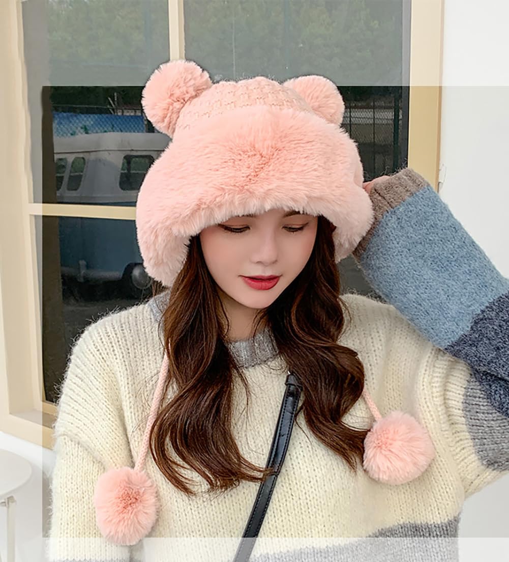 Women's Winter Pompom Beanie Hat - Soft Fluffy Knit Faux Fur Crochet Skull Cap with Ear Warmers for Cold Weather | Cozy Outdoor Activities, Snow Days & Fashion Accessory