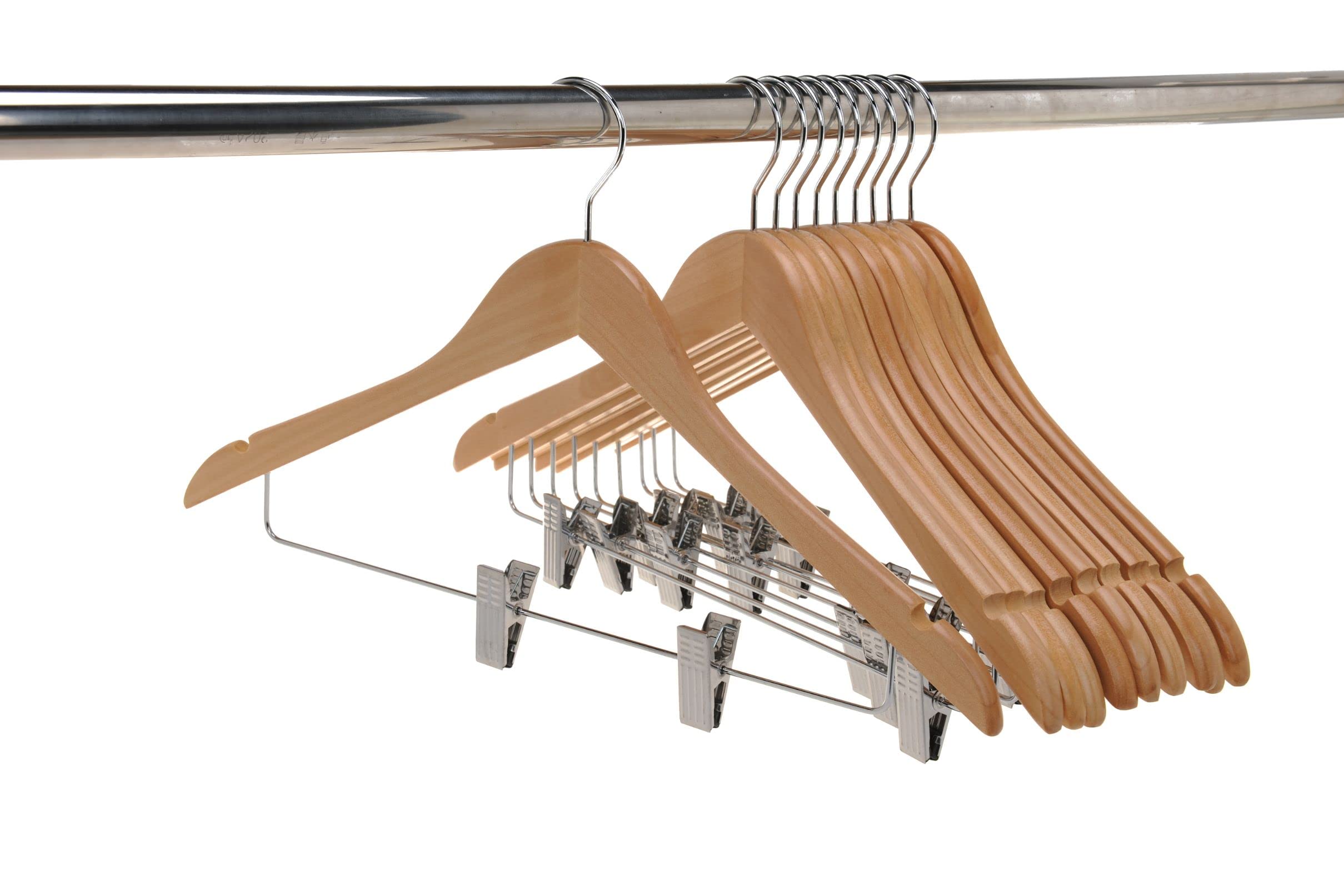 Premium 80-Pack Natural Wooden Skirt Hangers with Adjustable Chrome Metal Clips & Swivel Hook - Space-Saving Closet Organizer for Pants, Coats, Jackets, Blouses & Suits - Perfect for Home, Retail Stores & Dry Cleaning Businesses