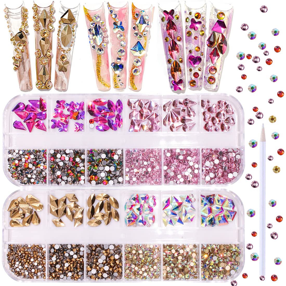 2520pcs Flat Back Mineral Gold Crystal AB Rainbow Pink Rhinestones for Nails - Multi Shapes & Sizes Nail Art Gems for DIY Manicure, Jewelry Making, and Crafting - Perfect for Nail Salon, Home Decoration, and Gift Giving