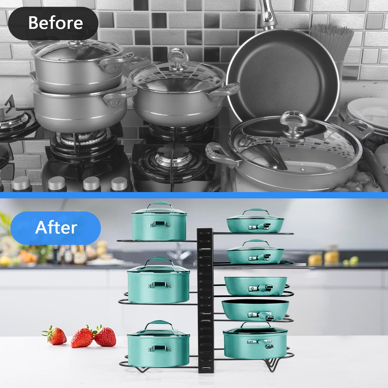 8-Tier Adjustable Kitchen Pot and Pan Organizer for Cabinet - Space-Saving Cookware Storage with 3 DIY Installation Methods & Lid Holders - Perfect for Small Kitchens, RVs, and Apartment Organization (Black)
