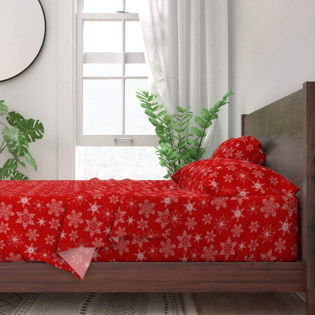 Premium 100% Cotton Twin 3-Piece Bed Sheet Set - Christmas Snowflakes Winter Holiday Red & White Seasonal Print Custom Bedding | Soft Breathable Sheets for Cozy Winter Nights & Festive Home Decor